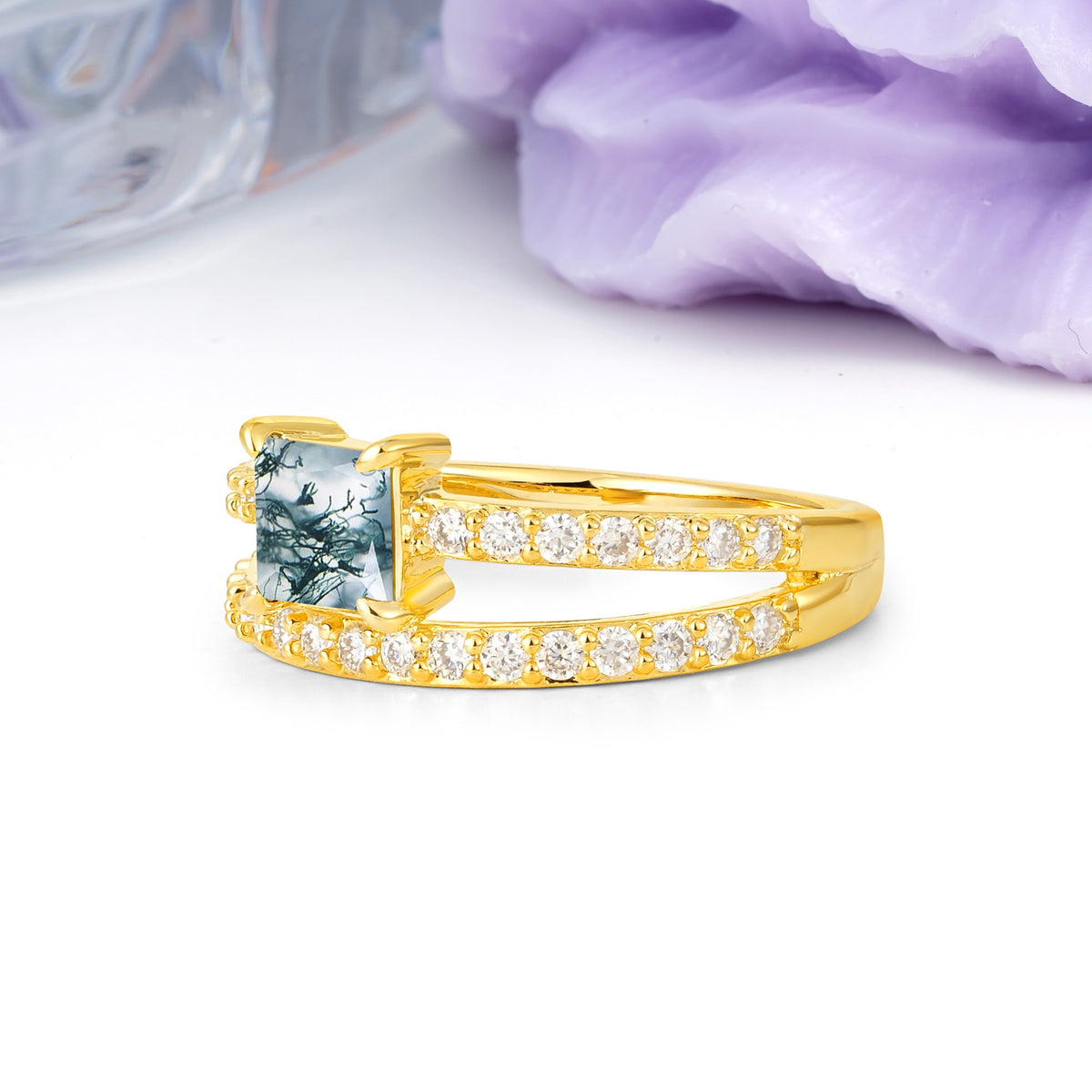 Luxurious Double-Row Diamond, Unique 4-Prong Princess Cut Moss Agate Engagement Ring - Additional view