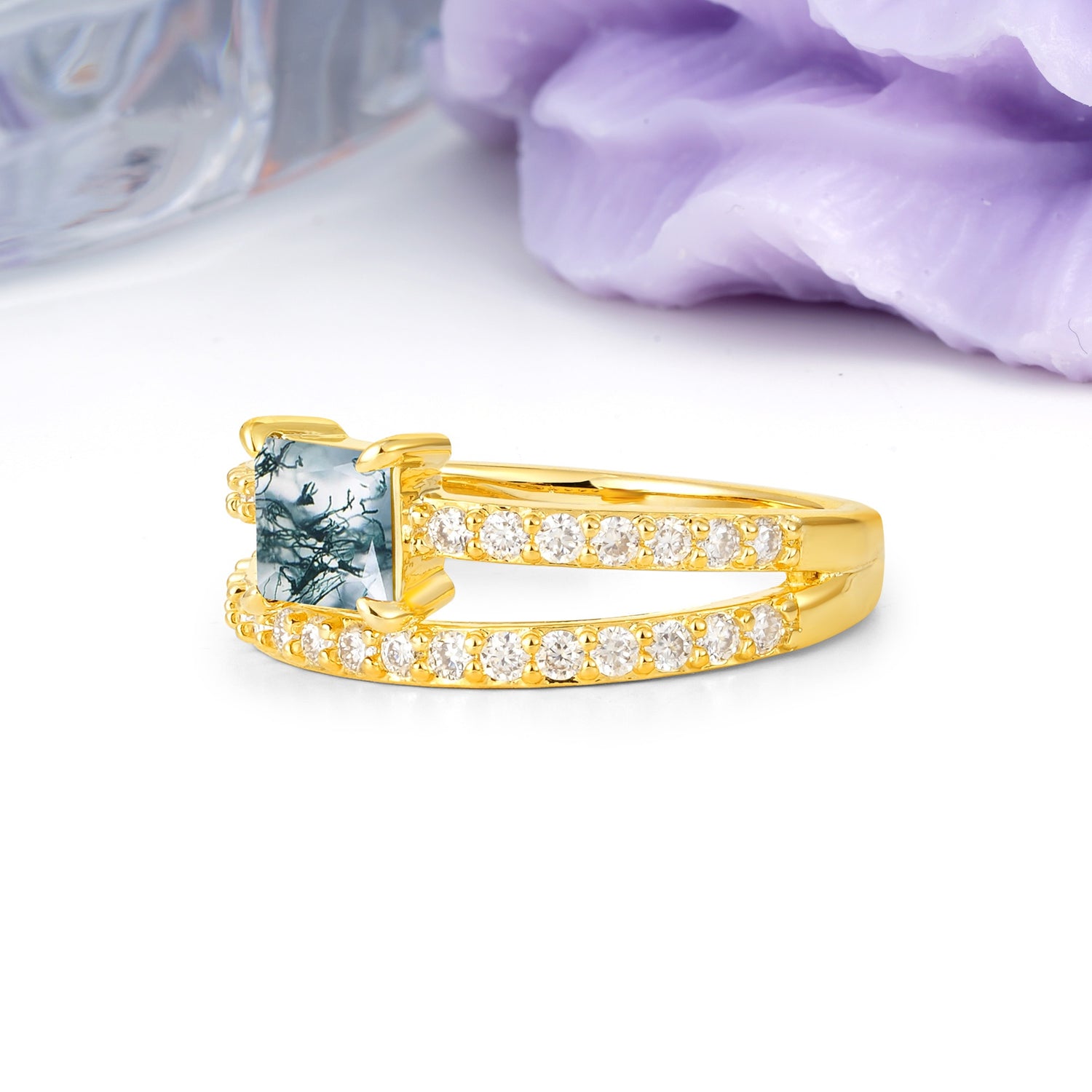 Luxurious Double-Row Diamond, Unique 4-Prong Princess Cut Moss Agate Engagement Ring - Additional view