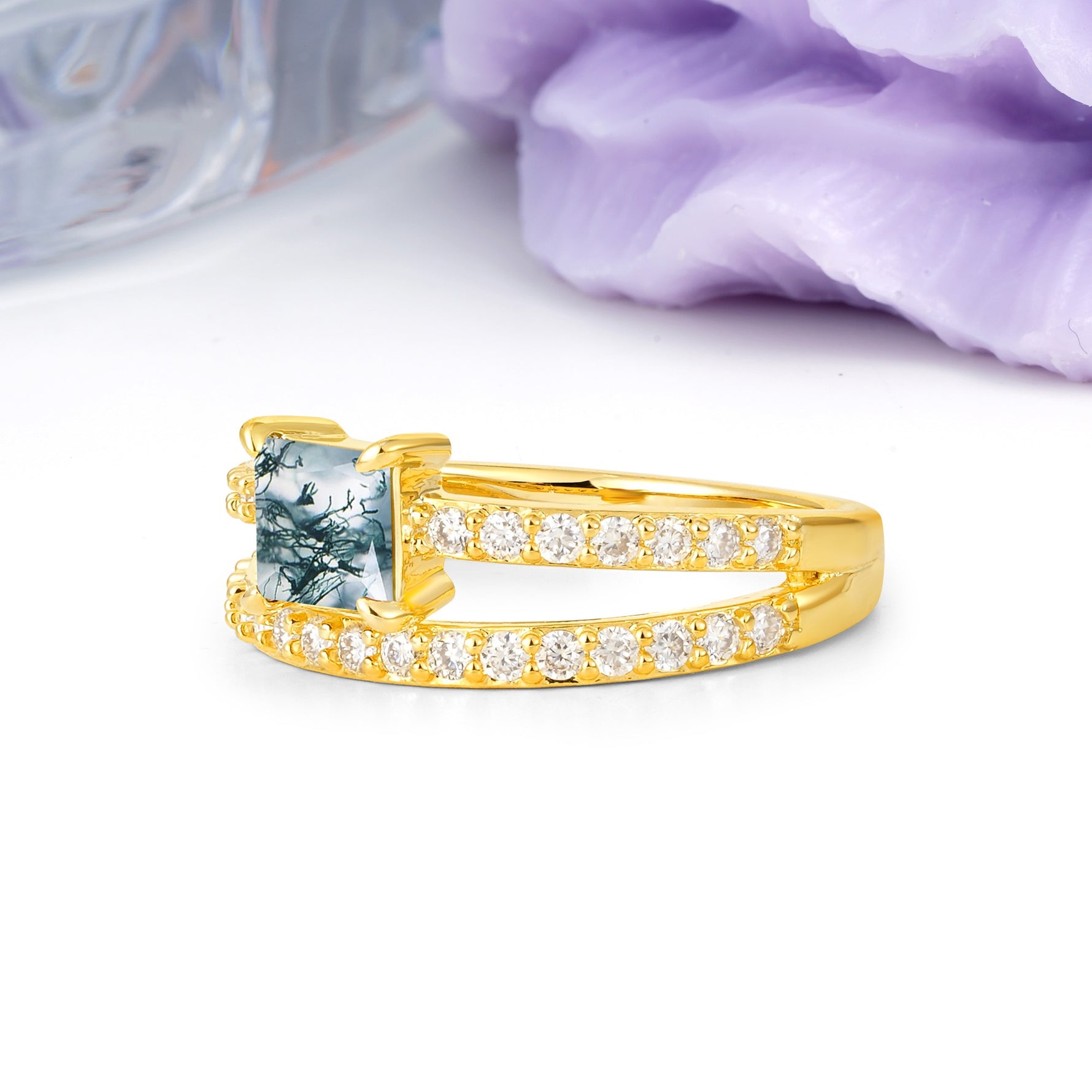 Luxurious Double-Row Diamond, Unique 4-Prong Princess Cut Moss Agate Engagement Ring - Additional view