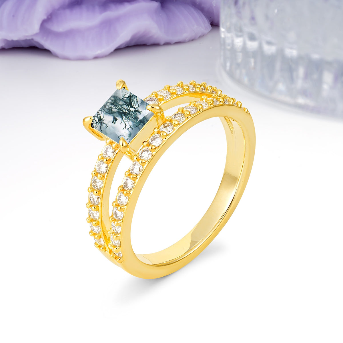 Luxurious Double-Row Diamond, Unique 4-Prong Princess Cut Moss Agate Engagement Ring - Additional view