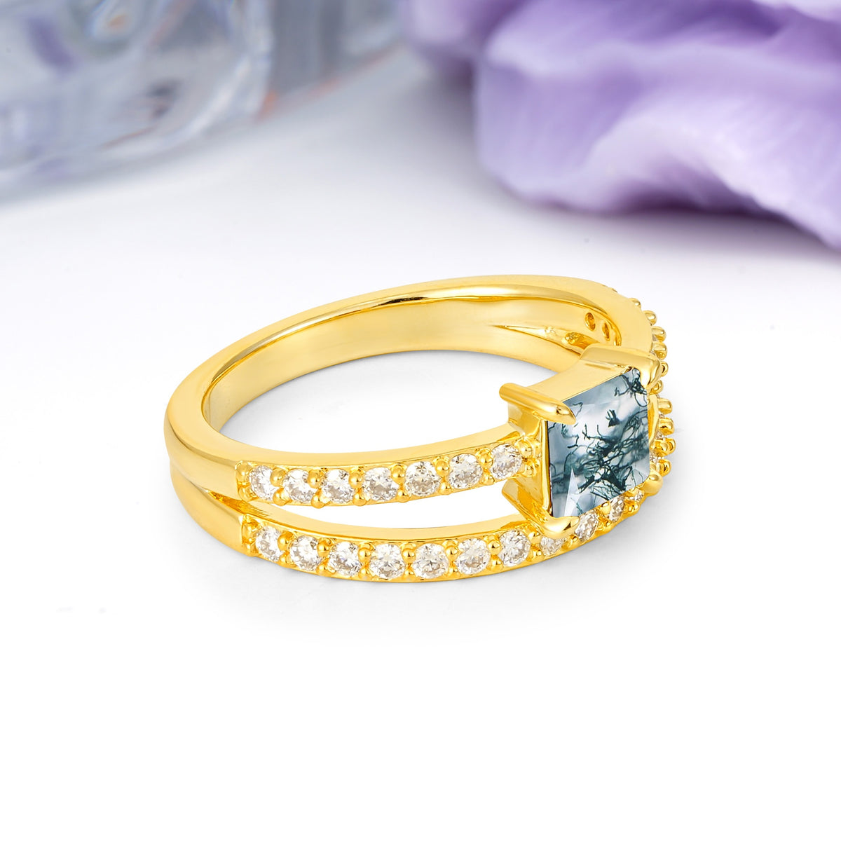 Luxurious Double-Row Diamond, Unique 4-Prong Princess Cut Moss Agate Engagement Ring - Additional view