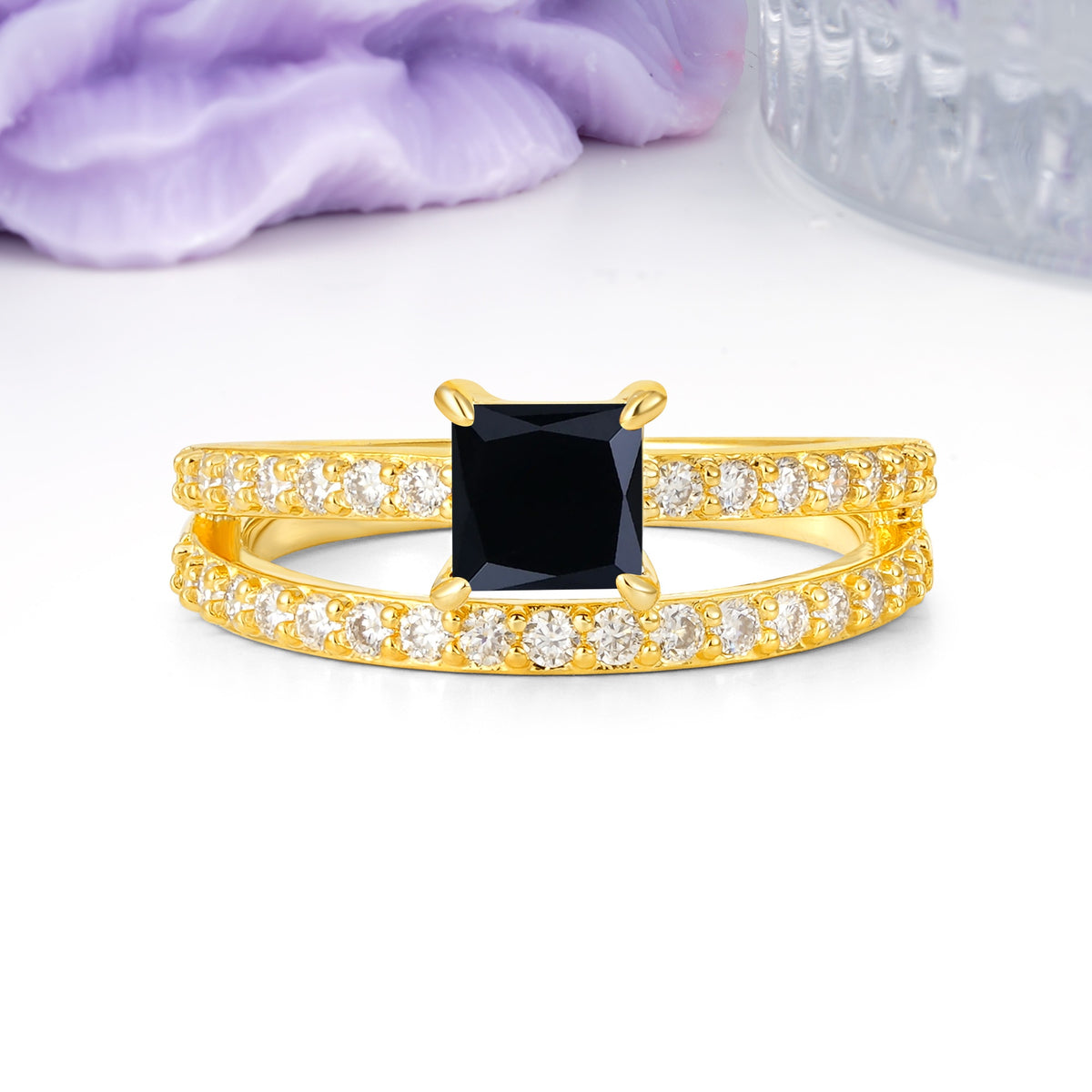 Luxurious Double-Row Diamond, Unique 4-Prong Princess Cut Black Onyx Engagement Ring - Additional view