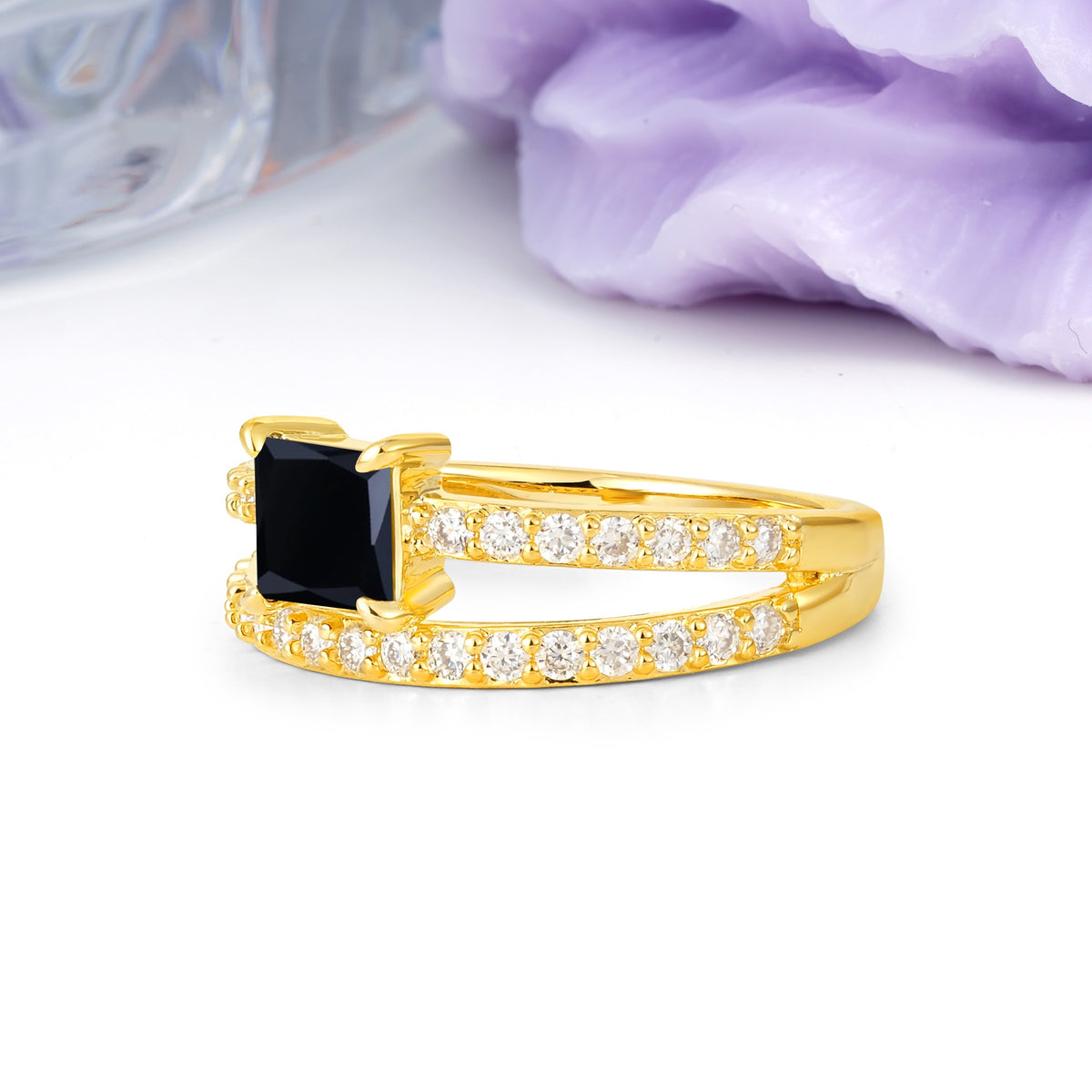 Luxurious Double-Row Diamond, Unique 4-Prong Princess Cut Black Onyx Engagement Ring - Additional view
