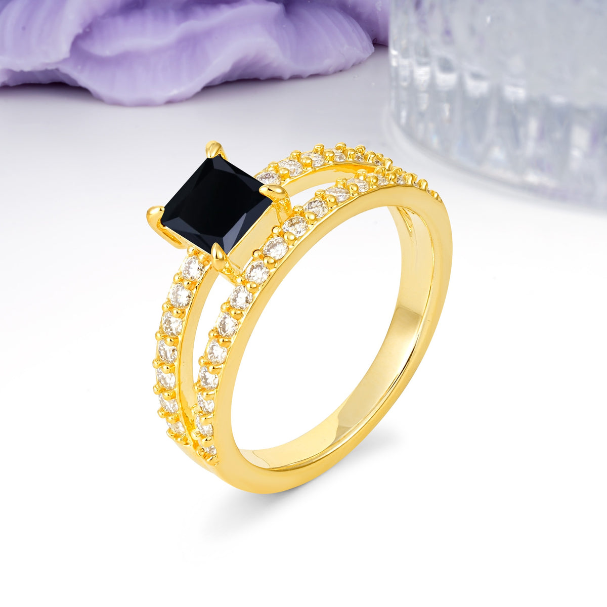 Luxurious Double-Row Diamond, Unique 4-Prong Princess Cut Black Onyx Engagement Ring - Additional view