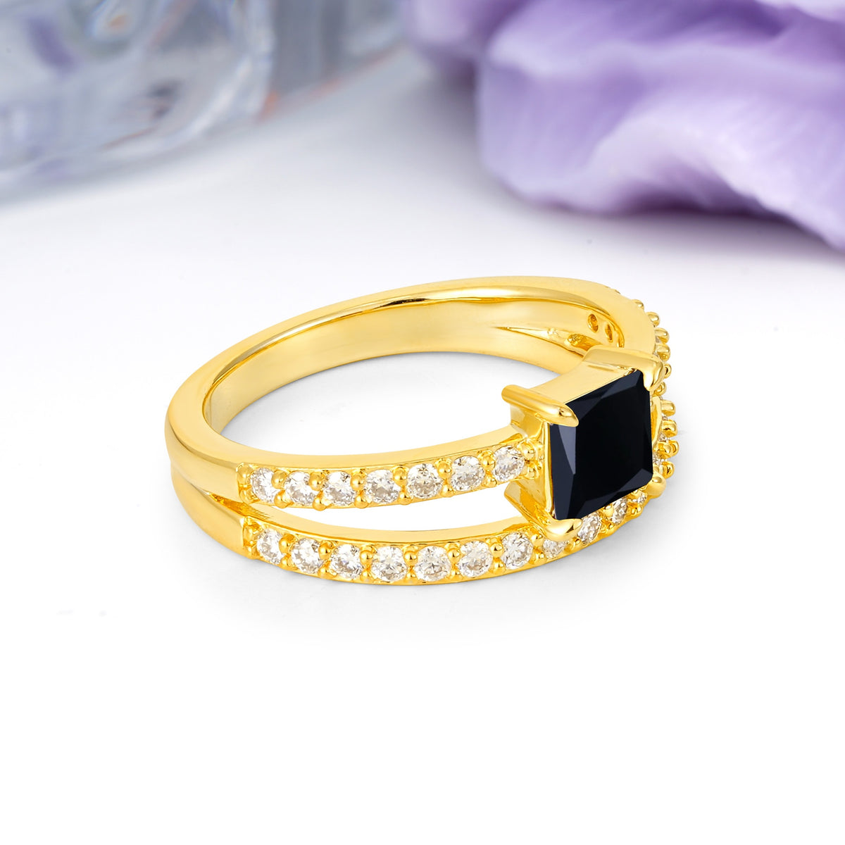 Luxurious Double-Row Diamond, Unique 4-Prong Princess Cut Black Onyx Engagement Ring - Additional view