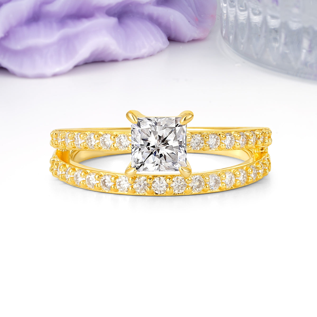 Luxurious Double-Row Diamond, Unique 4-Prong Princess Cut Lab Diamond Engagement Ring - Additional view