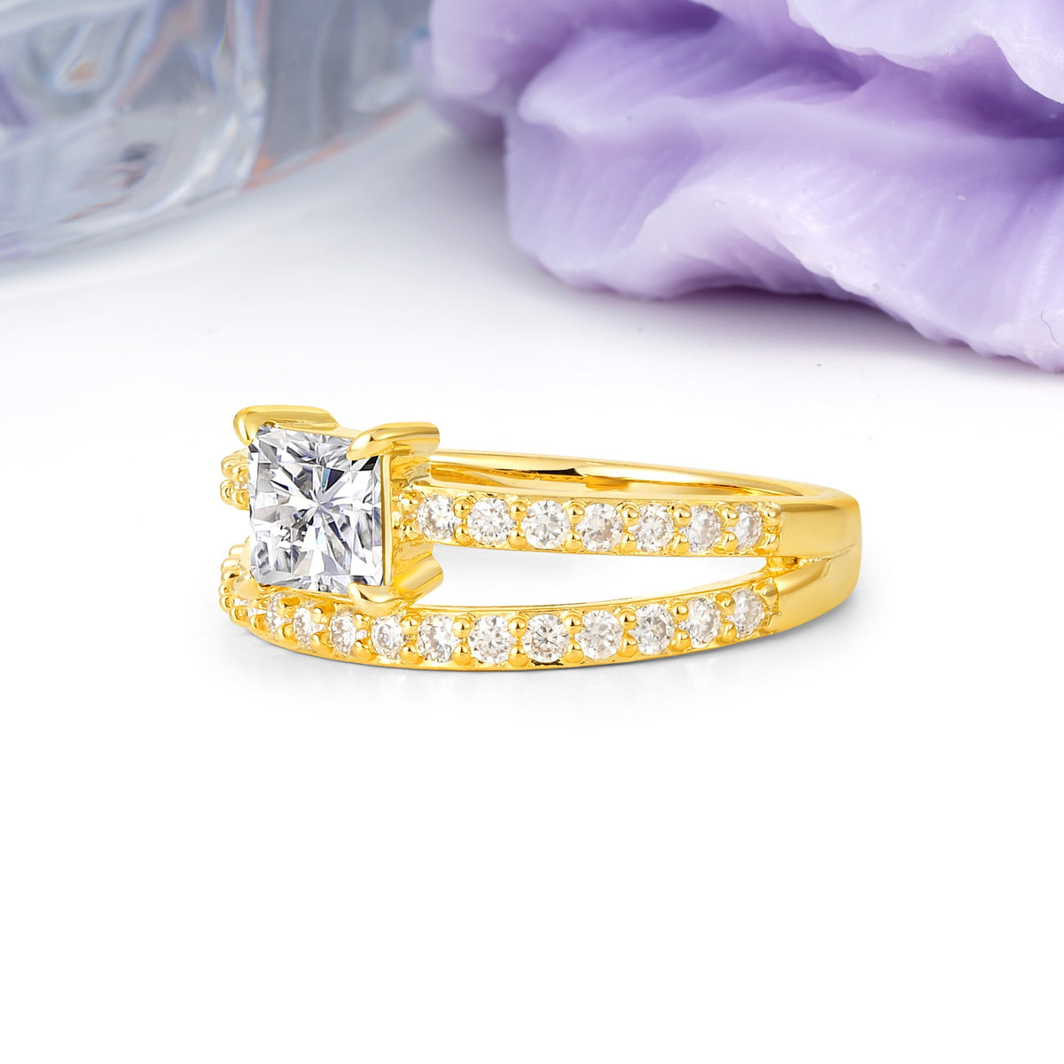 Luxurious Double-Row Diamond, Unique 4-Prong Princess Cut Lab Diamond Engagement Ring - Additional view