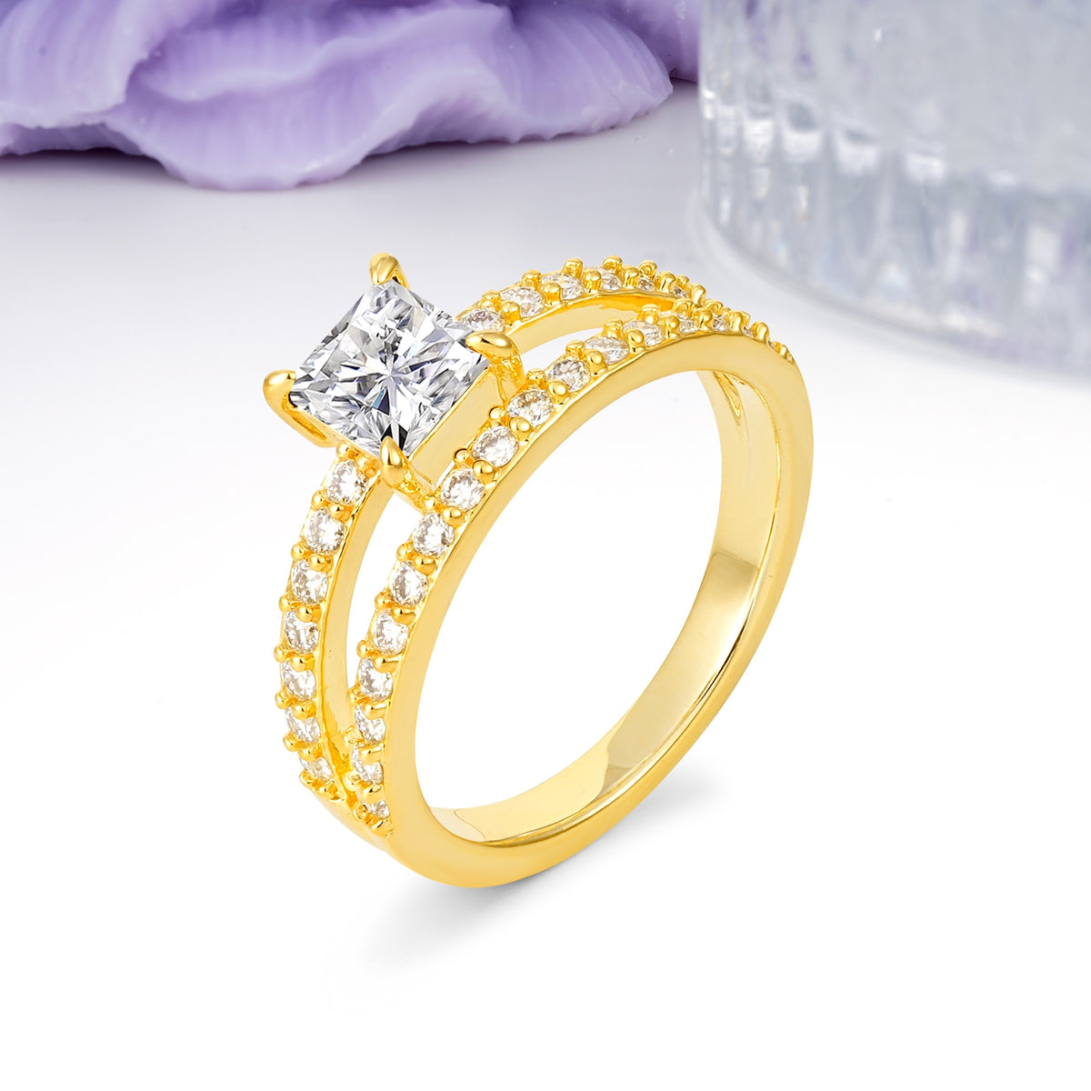 Luxurious Double-Row Diamond, Unique 4-Prong Princess Cut Lab Diamond Engagement Ring - Additional view
