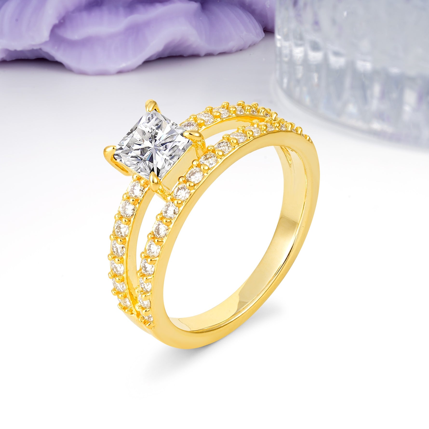 Luxurious Double-Row Diamond, Unique 4-Prong Princess Cut Lab Diamond Engagement Ring - Additional view