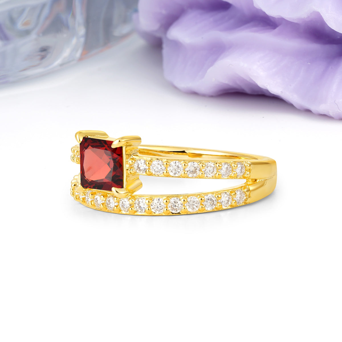 Luxurious Double-Row Diamond, Unique 4-Prong Princess Cut Garnet Engagement Ring - Additional view