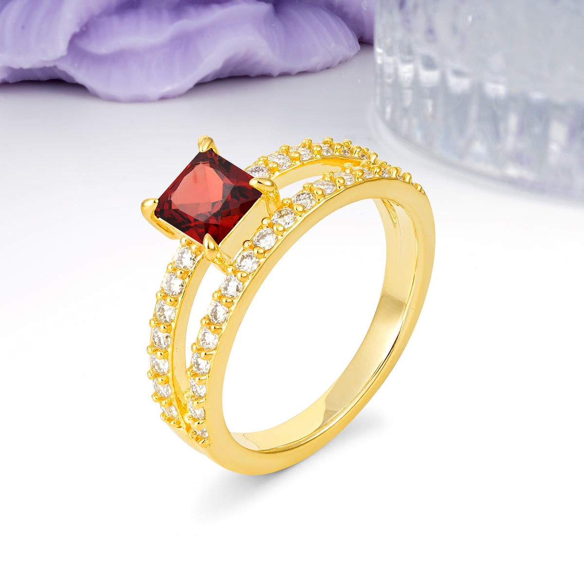 Luxurious Double-Row Diamond, Unique 4-Prong Princess Cut Garnet Engagement Ring - Additional view
