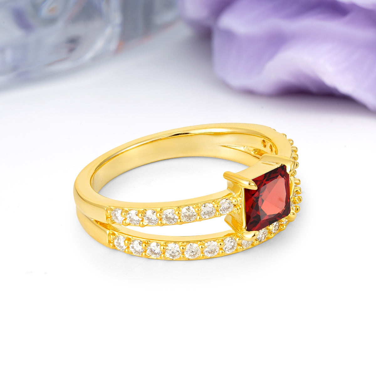 Luxurious Double-Row Diamond, Unique 4-Prong Princess Cut Garnet Engagement Ring - Additional view