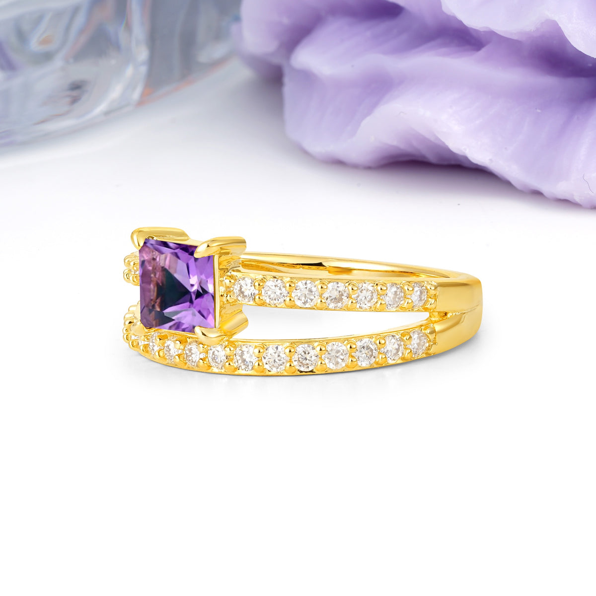 Luxurious Double-Row Diamond, Unique 4-Prong Princess Cut Amethyst Engagement Ring - Additional view