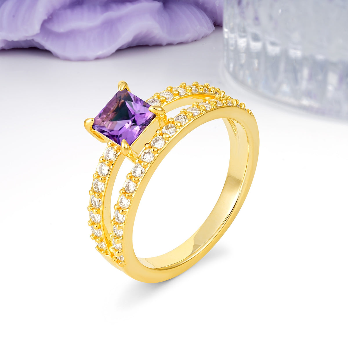 Luxurious Double-Row Diamond, Unique 4-Prong Princess Cut Amethyst Engagement Ring - Additional view