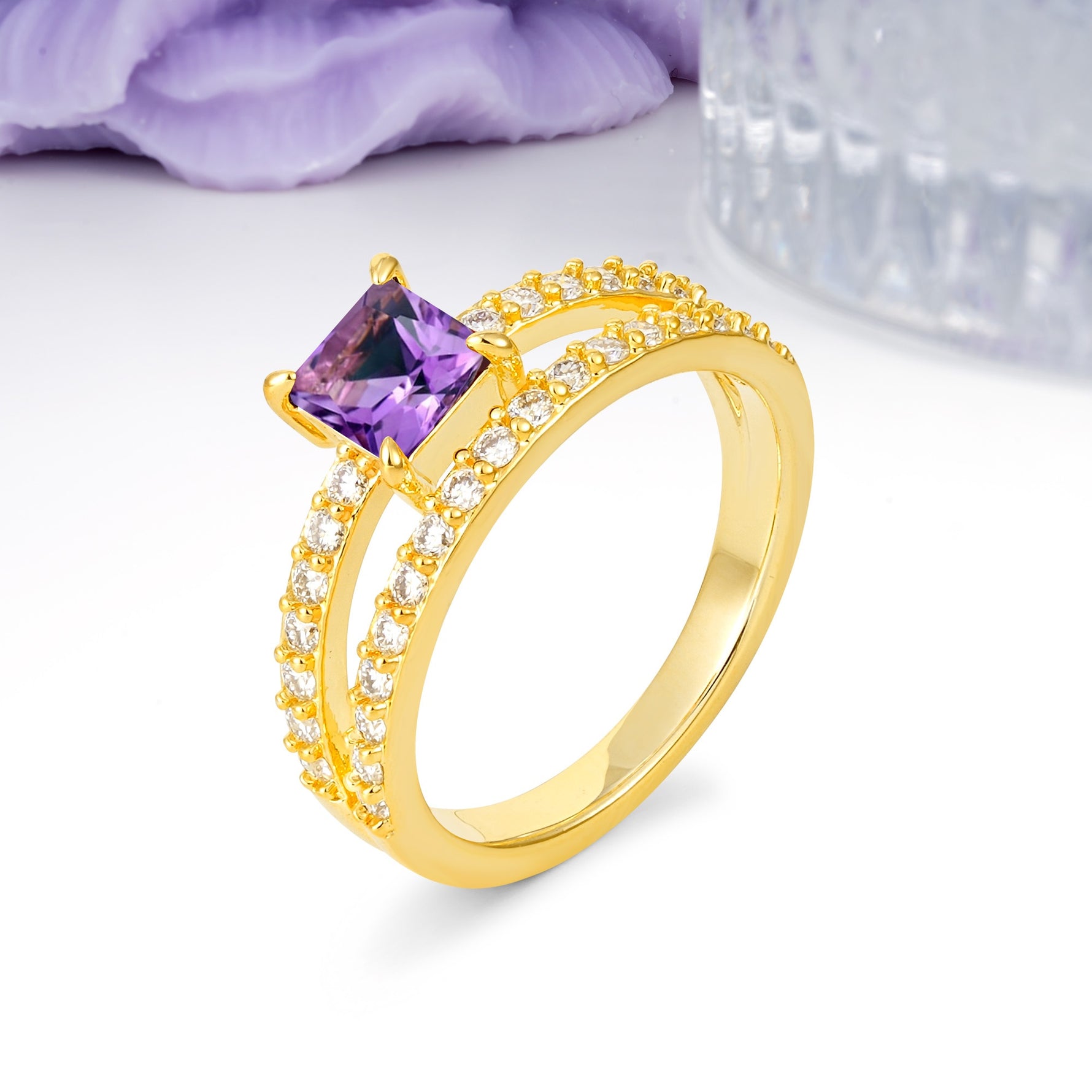 Luxurious Double-Row Diamond, Unique 4-Prong Princess Cut Amethyst Engagement Ring - Additional view