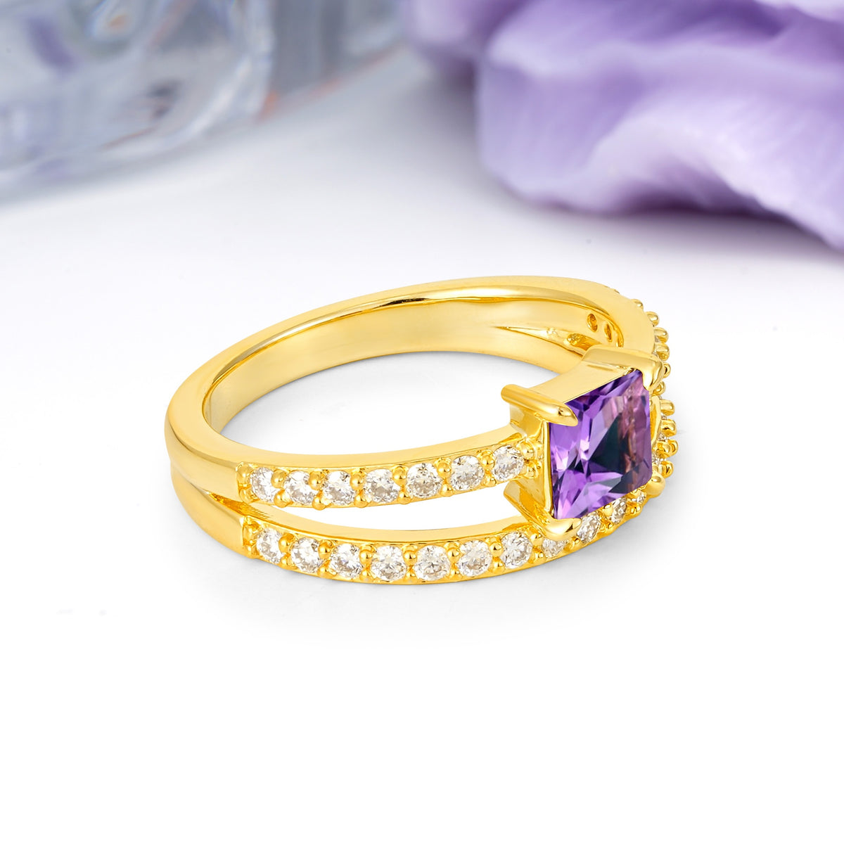 Luxurious Double-Row Diamond, Unique 4-Prong Princess Cut Amethyst Engagement Ring - Additional view