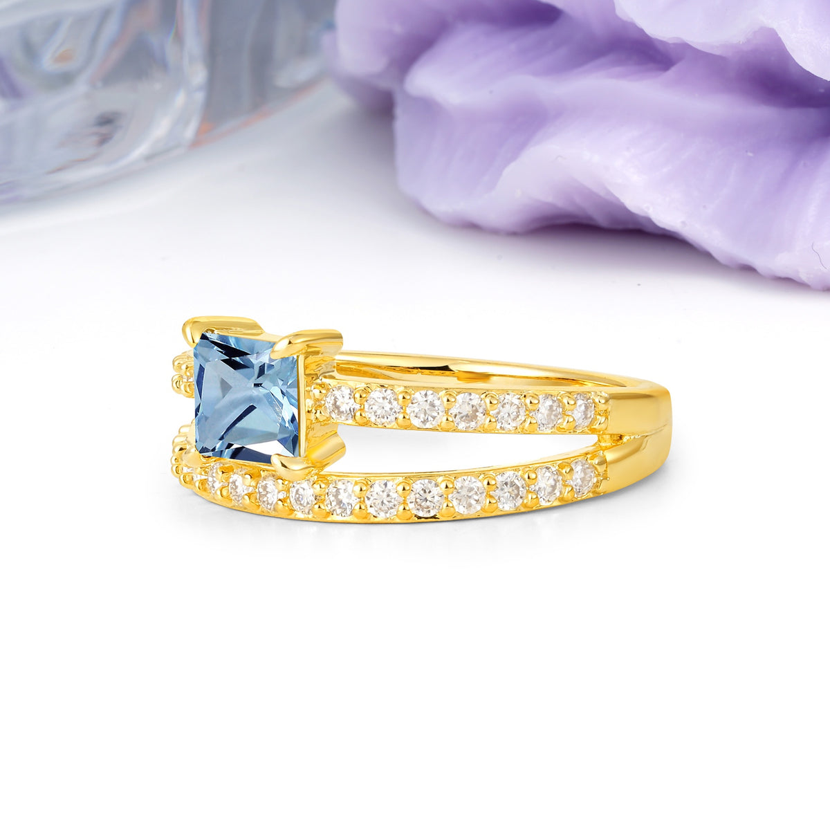 Luxurious Double-Row Diamond, Unique 4-Prong Princess Cut Aquamarine Engagement Ring - Additional view