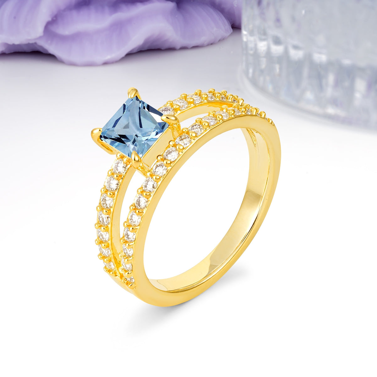 Luxurious Double-Row Diamond, Unique 4-Prong Princess Cut Aquamarine Engagement Ring - Additional view