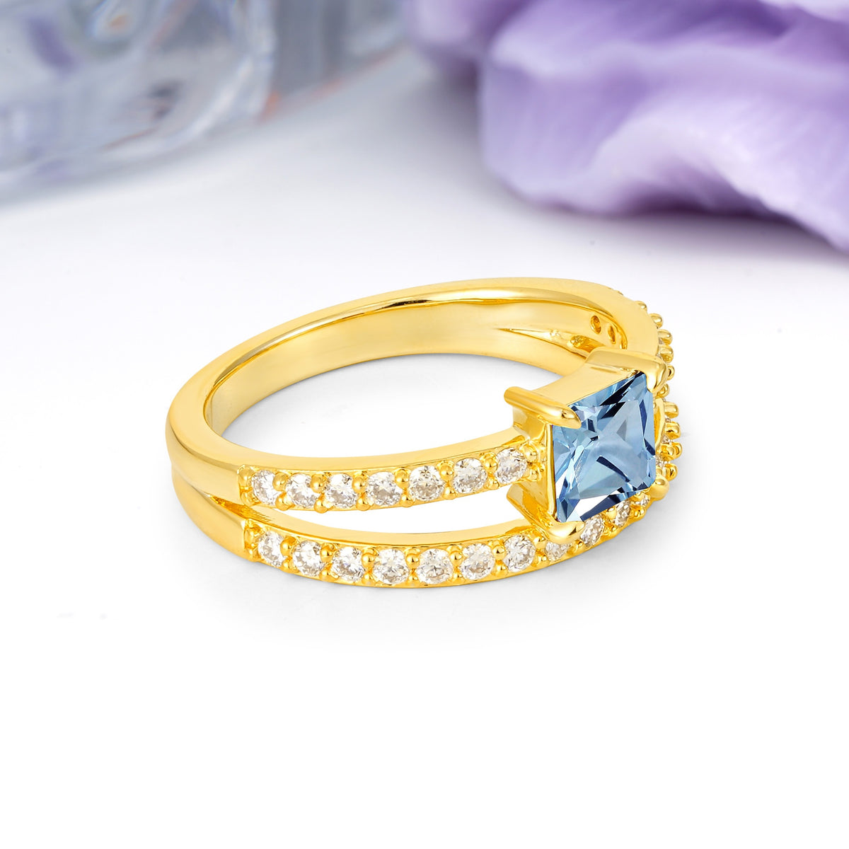 Luxurious Double-Row Diamond, Unique 4-Prong Princess Cut Aquamarine Engagement Ring - Additional view