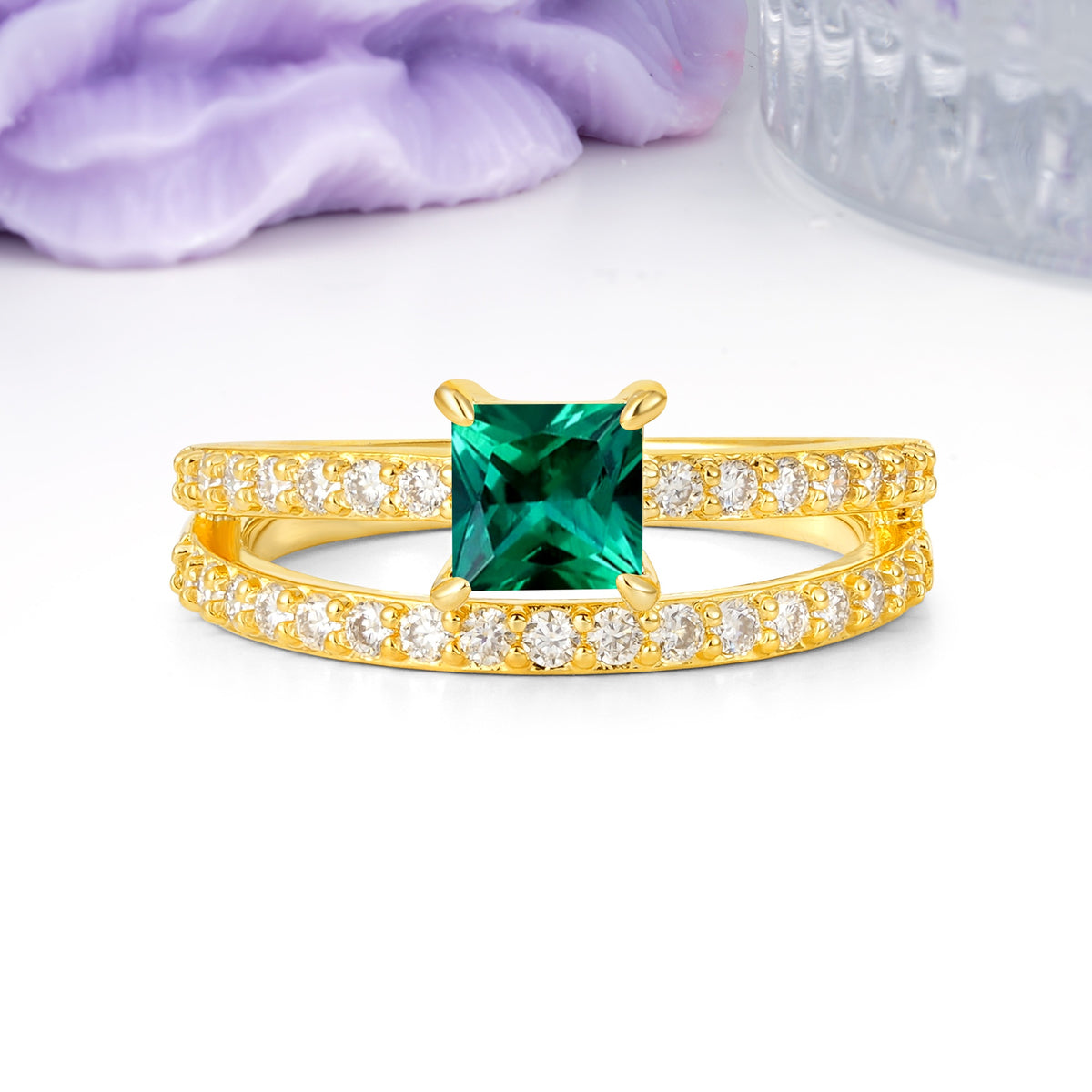 Luxurious Double-Row Diamond, Unique 4-Prong Princess Cut Emerald Engagement Ring - Additional view