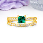 Luxurious Double-Row Diamond, Unique 4-Prong Princess Cut Emerald Engagement Ring - Additional view