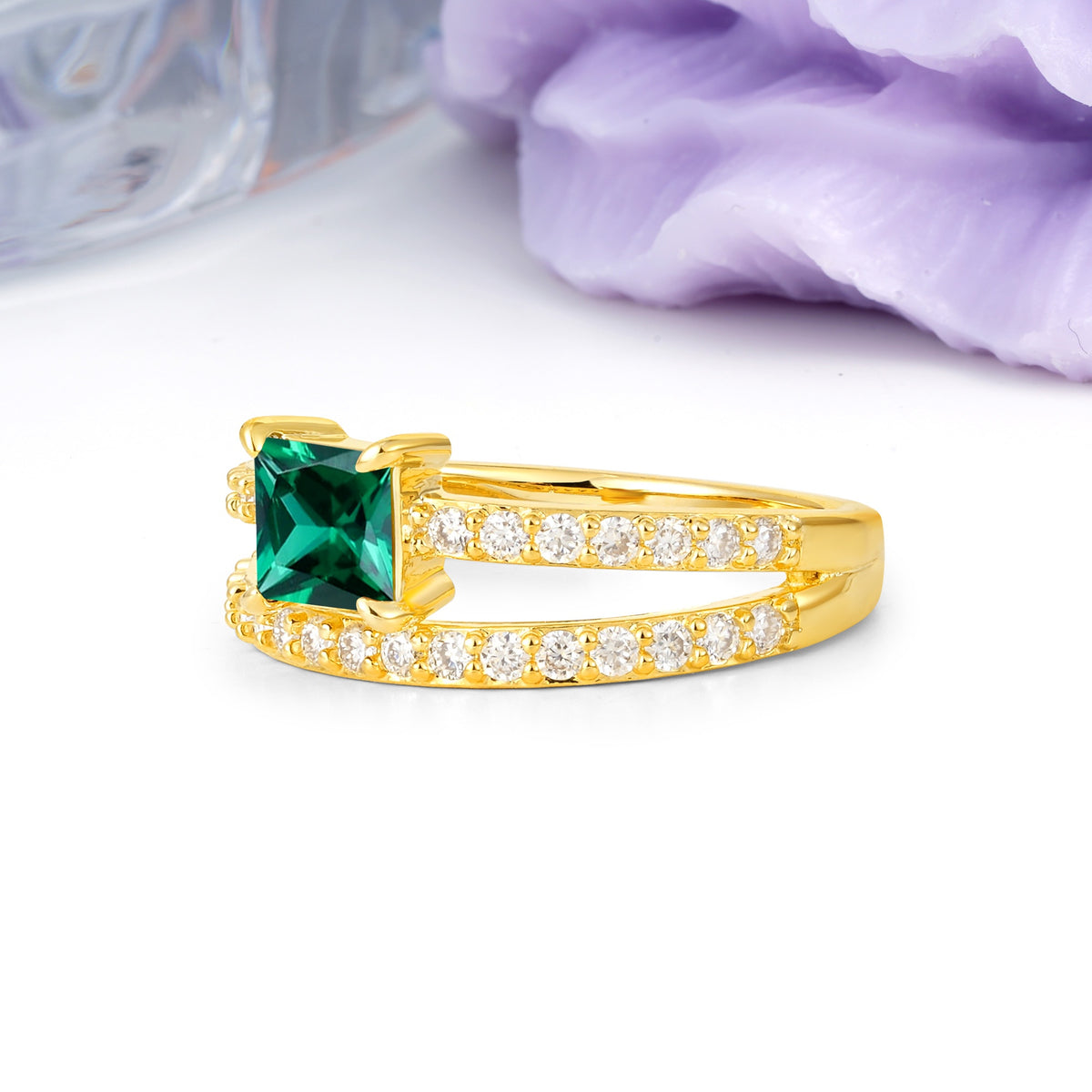 Luxurious Double-Row Diamond, Unique 4-Prong Princess Cut Emerald Engagement Ring - Additional view