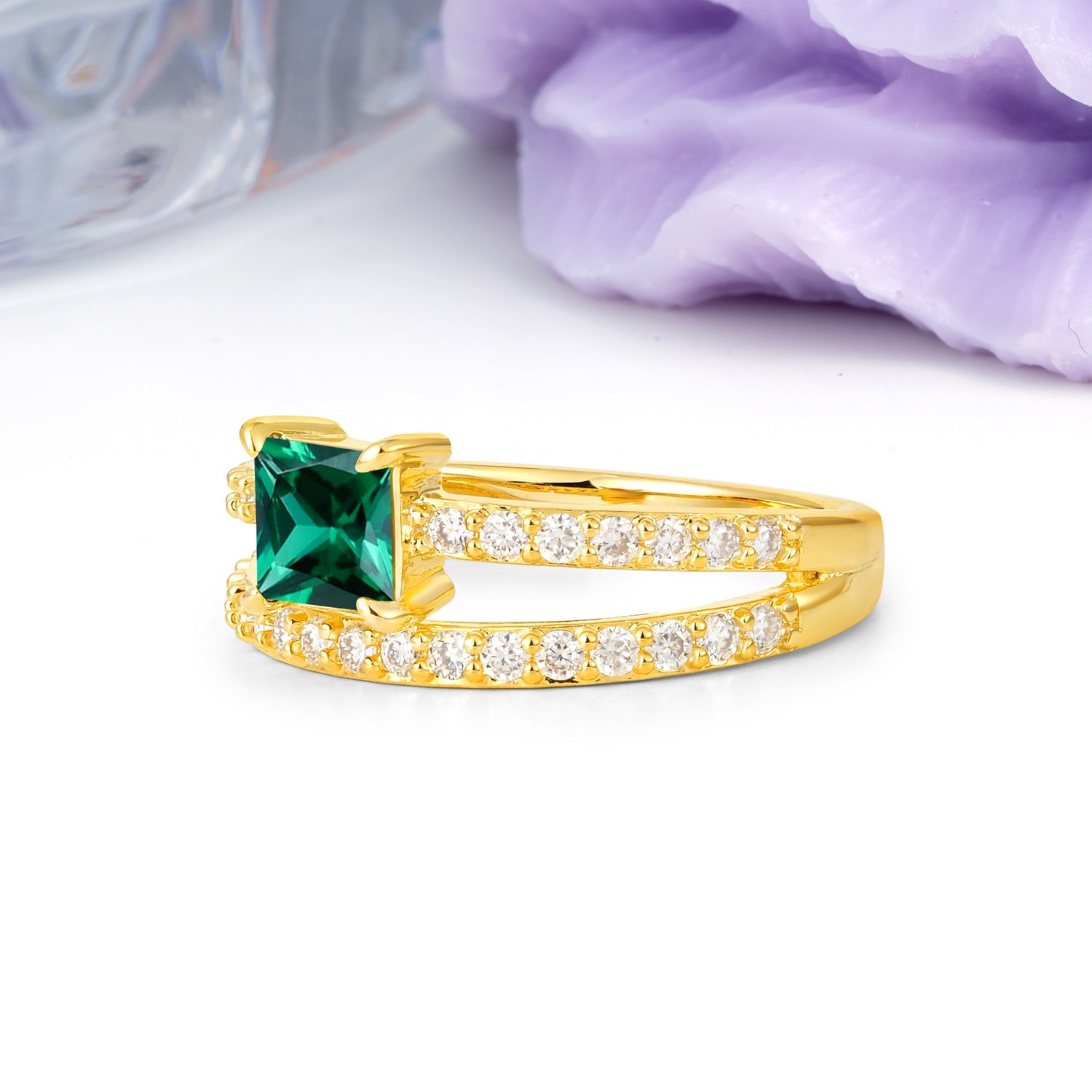 Luxurious Double-Row Diamond, Unique 4-Prong Princess Cut Emerald Engagement Ring - Additional view