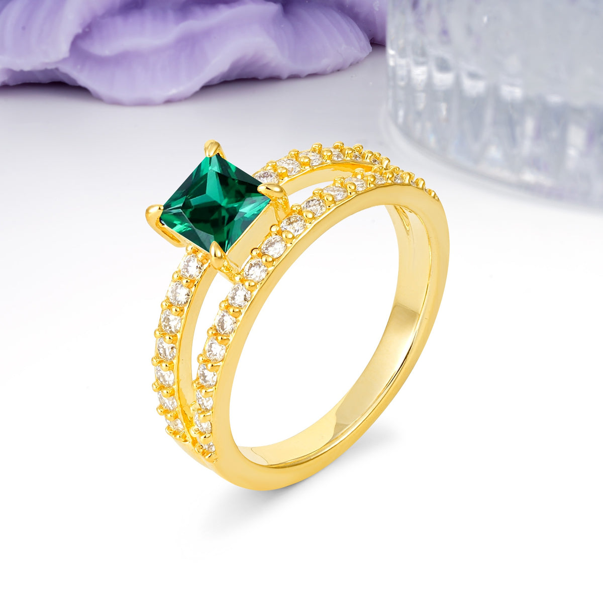 Luxurious Double-Row Diamond, Unique 4-Prong Princess Cut Emerald Engagement Ring - Additional view
