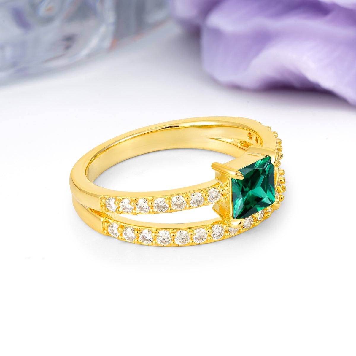 Luxurious Double-Row Diamond, Unique 4-Prong Princess Cut Emerald Engagement Ring - Additional view
