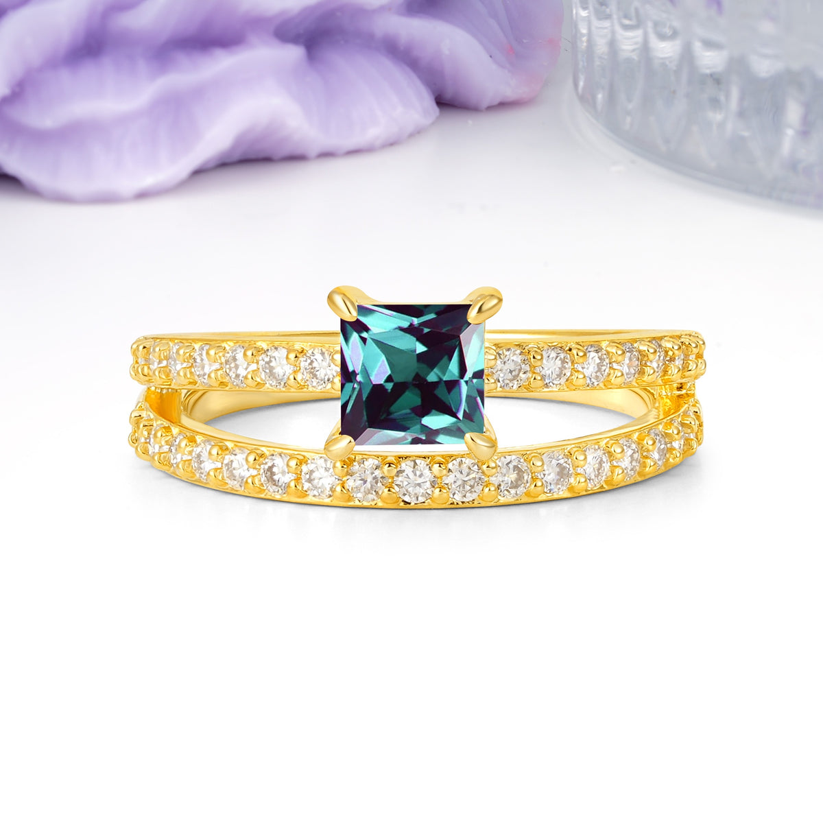 Luxurious Double-Row Diamond, Unique 4-Prong Princess Cut Alexandrite Engagement Ring - Additional view