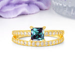 Luxurious Double-Row Diamond, Unique 4-Prong Princess Cut Alexandrite Engagement Ring - Additional view