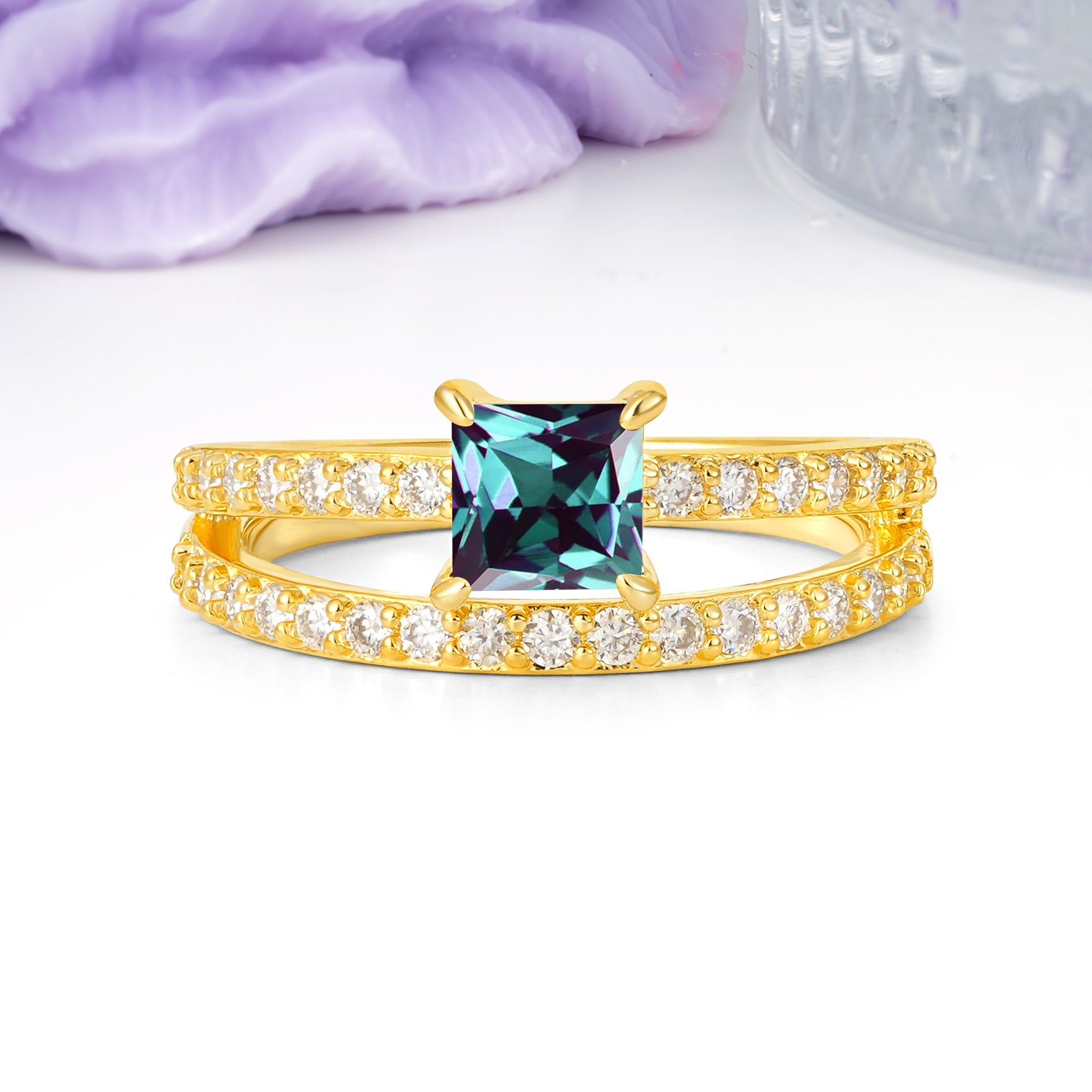 Luxurious Double-Row Diamond, Unique 4-Prong Princess Cut Alexandrite Engagement Ring - Additional view