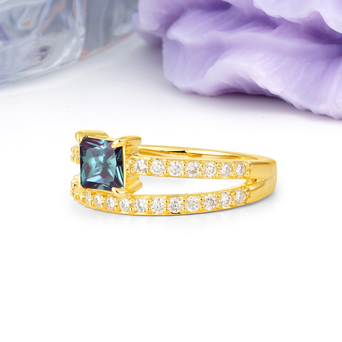 Luxurious Double-Row Diamond, Unique 4-Prong Princess Cut Alexandrite Engagement Ring - Additional view