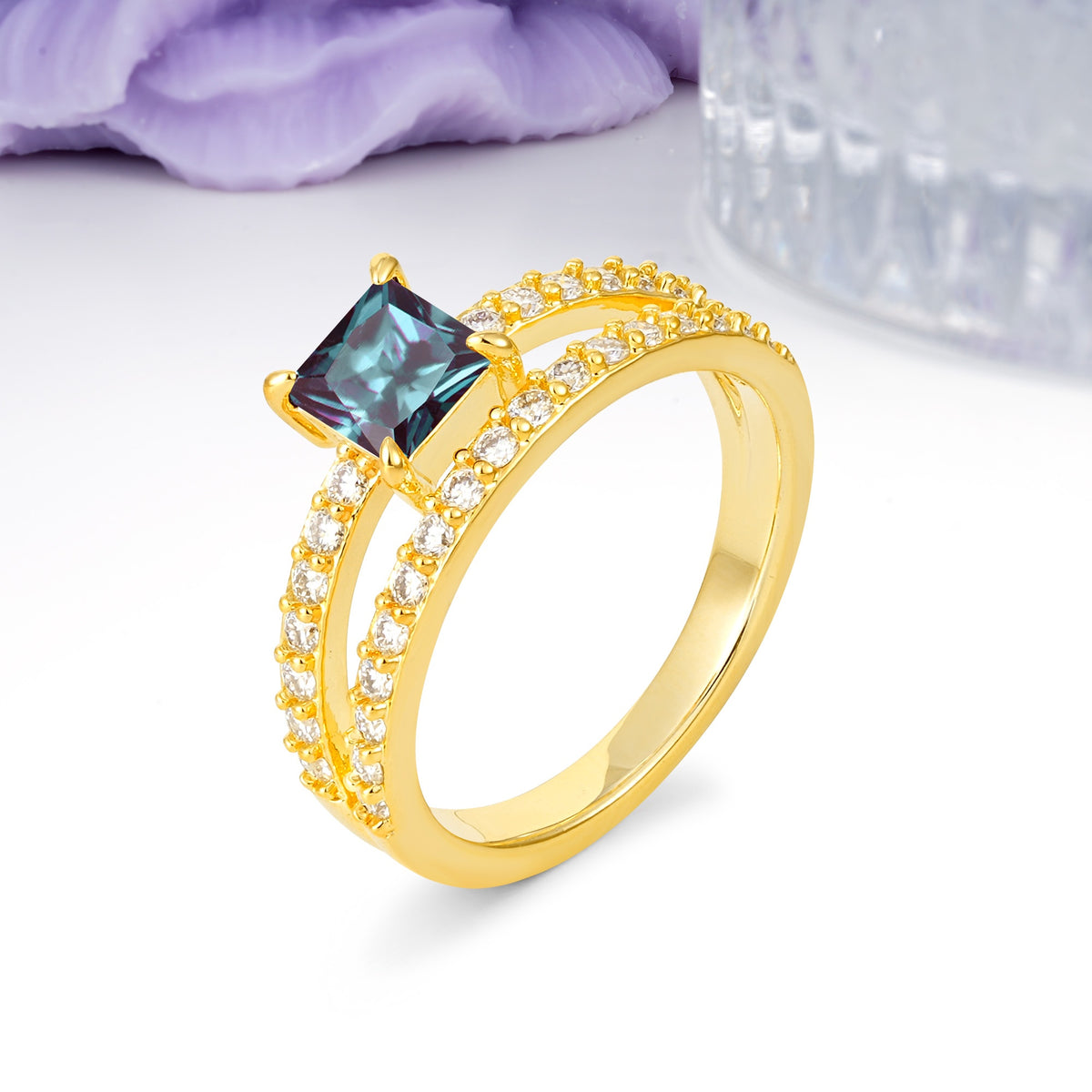 Luxurious Double-Row Diamond, Unique 4-Prong Princess Cut Alexandrite Engagement Ring - Additional view