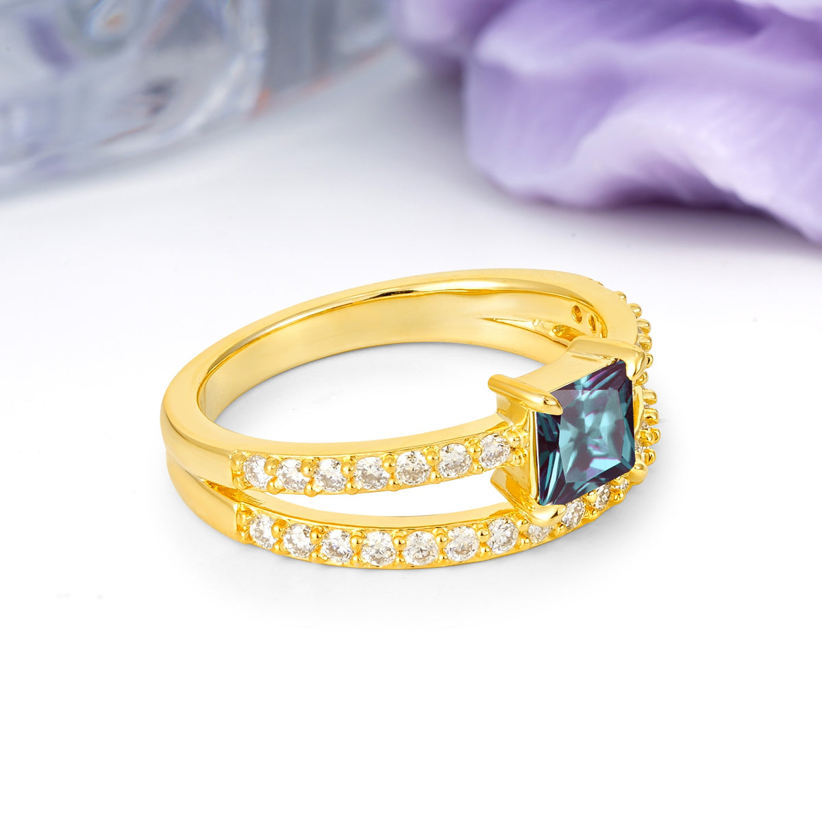Luxurious Double-Row Diamond, Unique 4-Prong Princess Cut Alexandrite Engagement Ring - Additional view