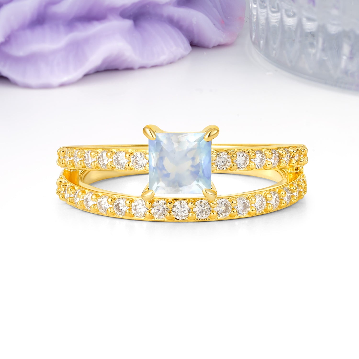 Luxurious Double-Row Diamond, Unique 4-Prong Princess Cut Moonstone Engagement Ring - Additional view