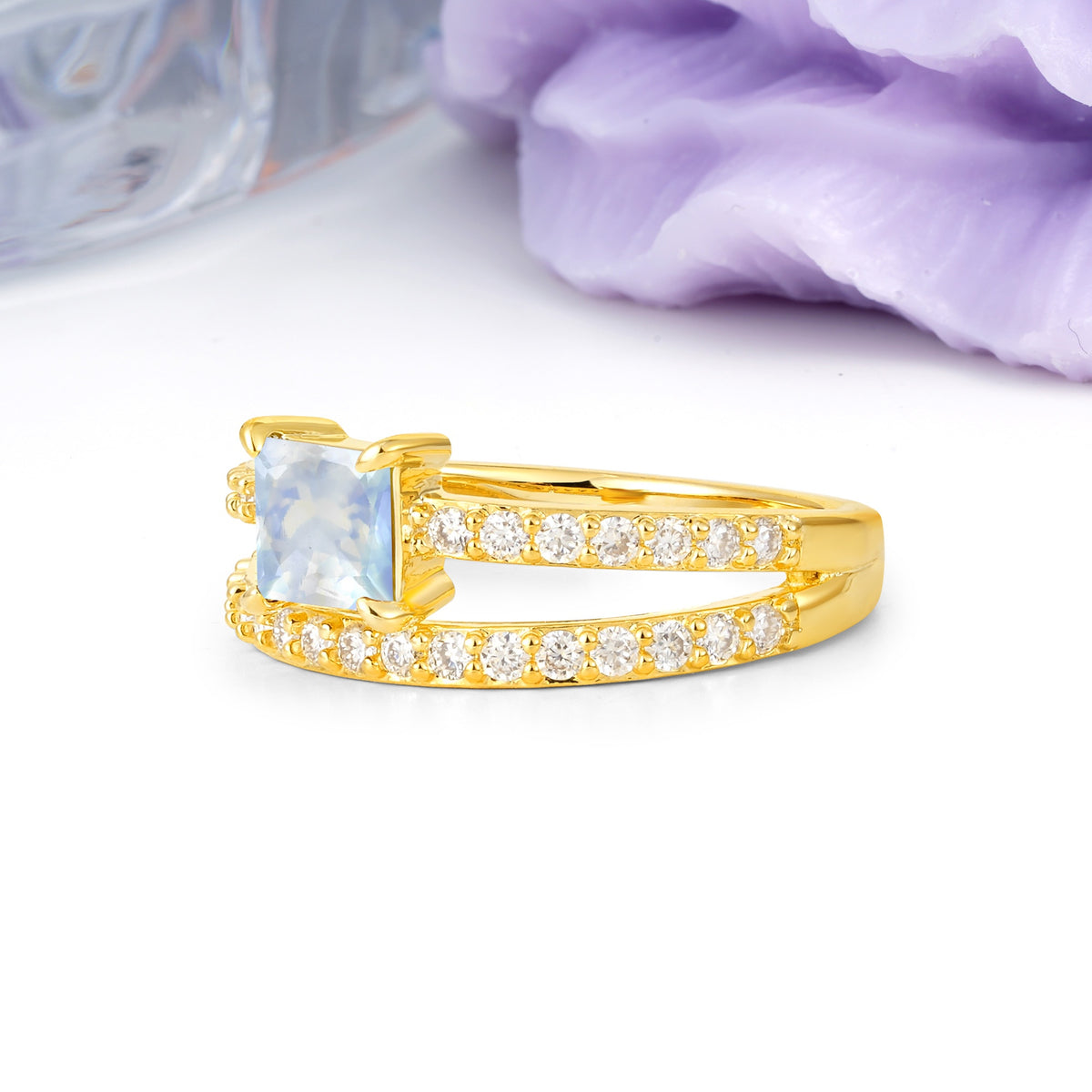 Luxurious Double-Row Diamond, Unique 4-Prong Princess Cut Moonstone Engagement Ring - Additional view