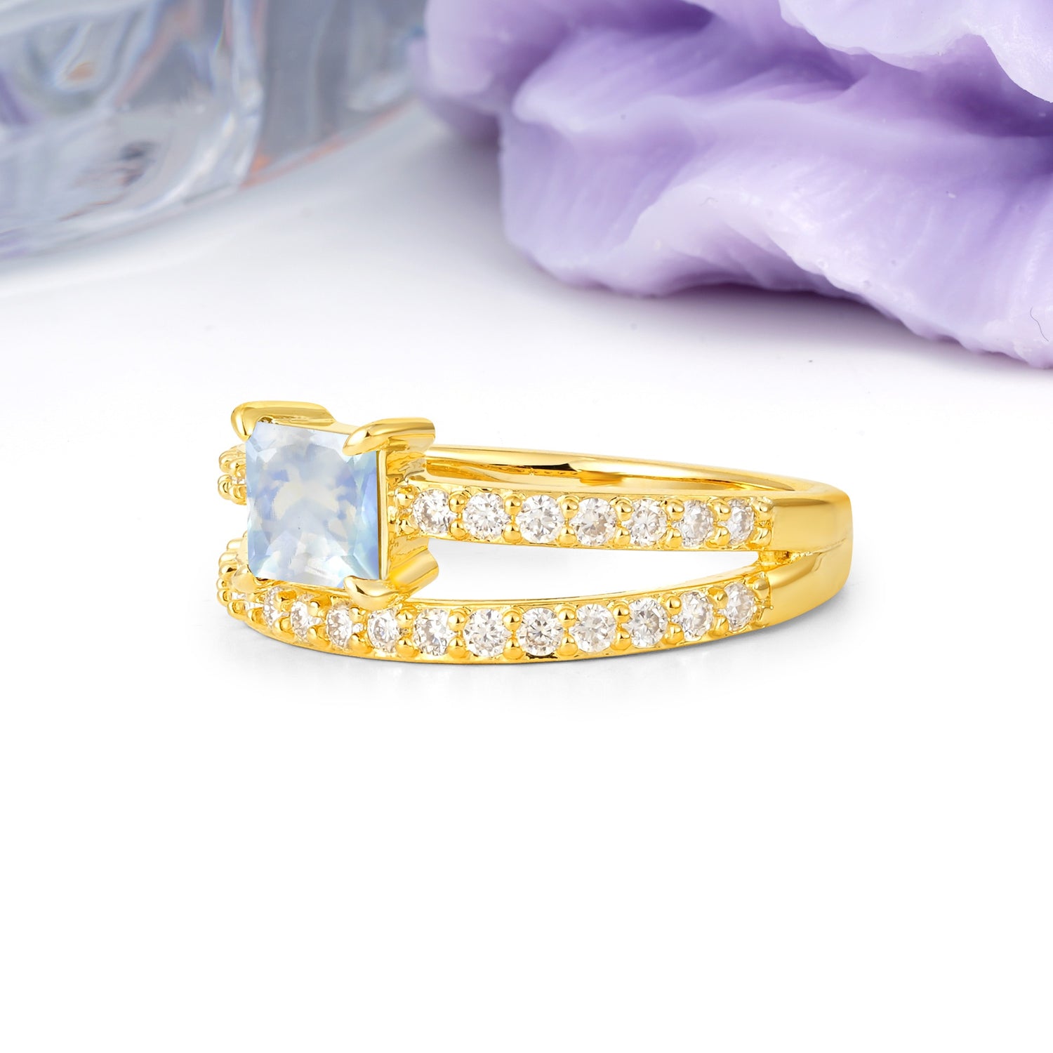 Luxurious Double-Row Diamond, Unique 4-Prong Princess Cut Moonstone Engagement Ring - Additional view