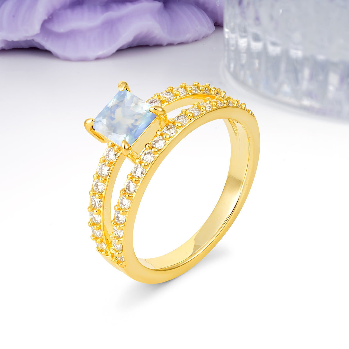 Luxurious Double-Row Diamond, Unique 4-Prong Princess Cut Moonstone Engagement Ring - Additional view