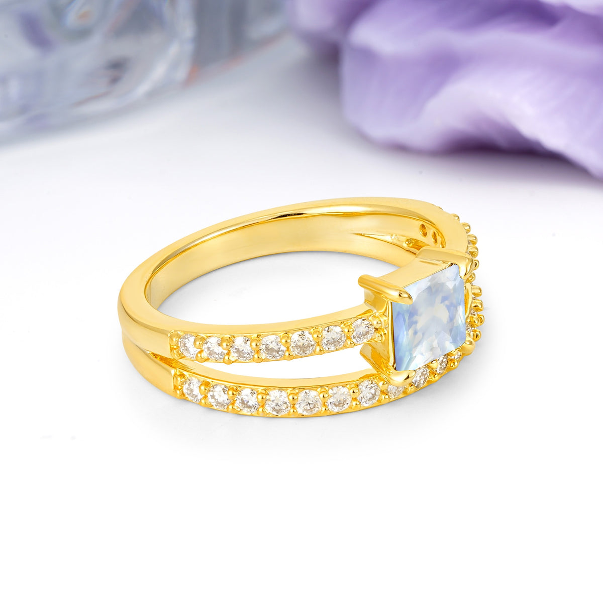 Luxurious Double-Row Diamond, Unique 4-Prong Princess Cut Moonstone Engagement Ring - Additional view