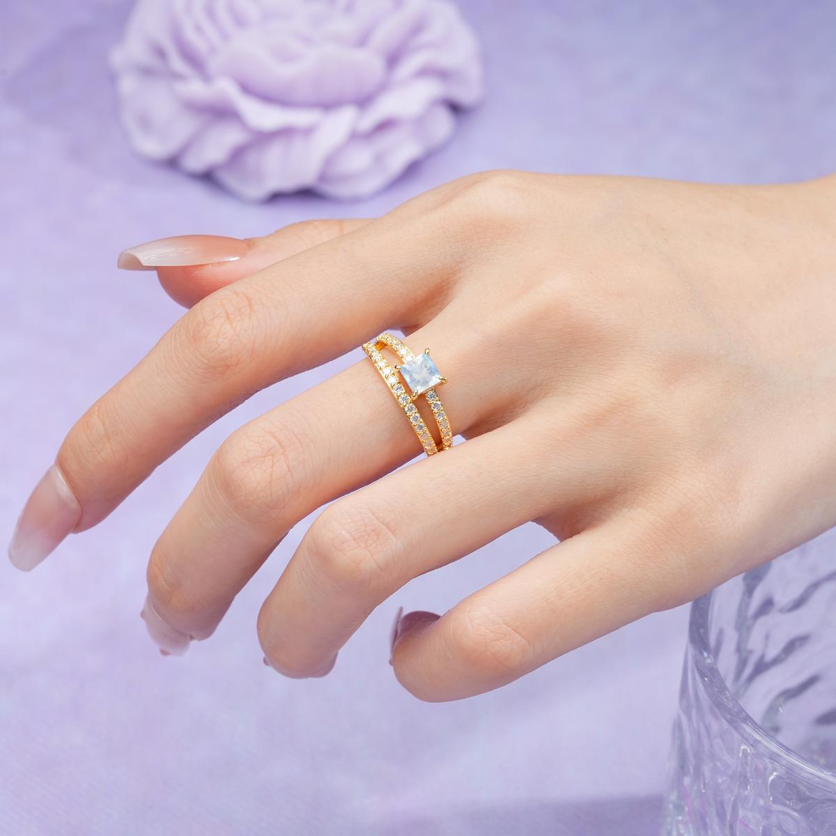 Luxurious Double-Row Diamond, Unique 4-Prong Princess Cut Moonstone Engagement Ring