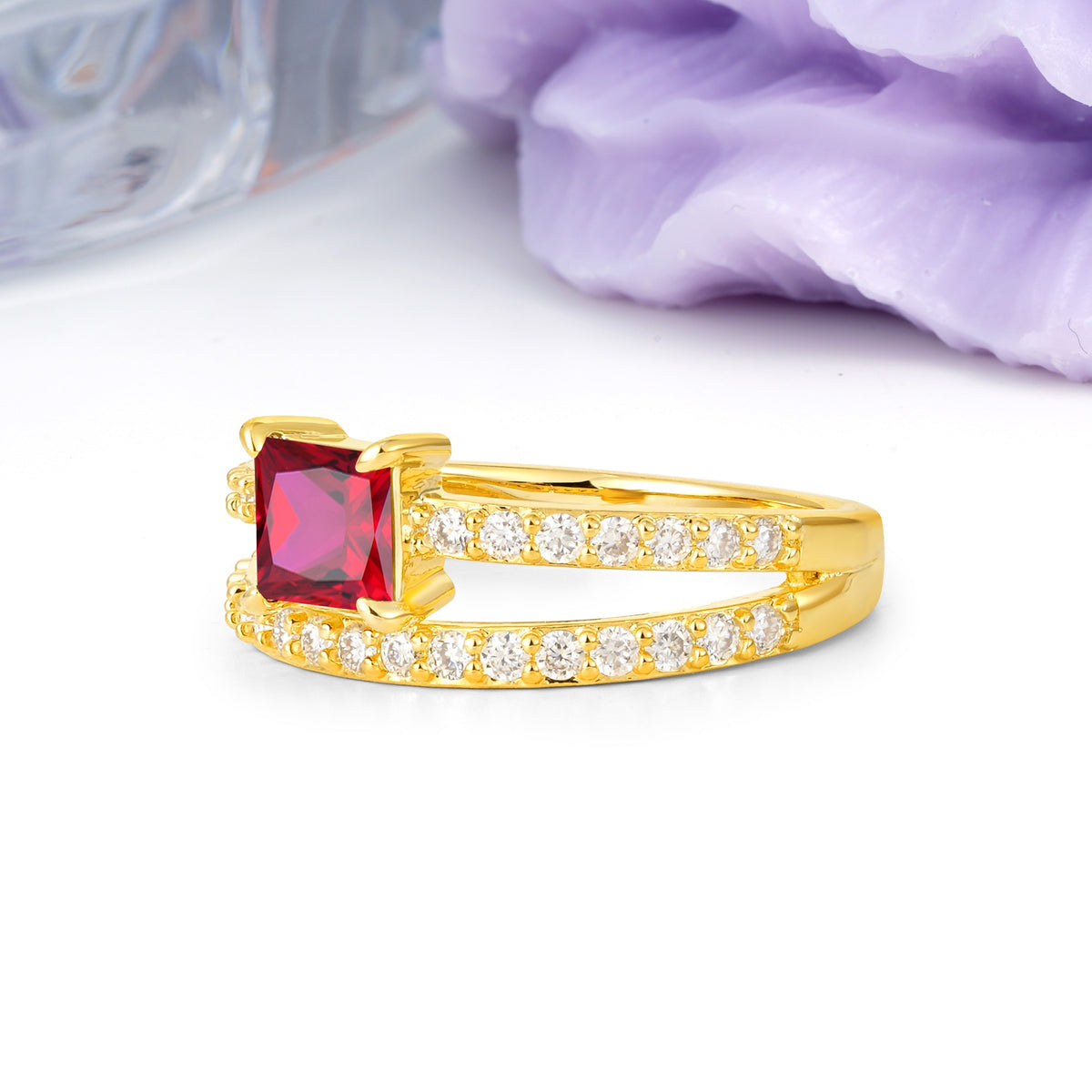Luxurious Double-Row Diamond, Unique 4-Prong Princess Cut Ruby Engagement Ring - Additional view