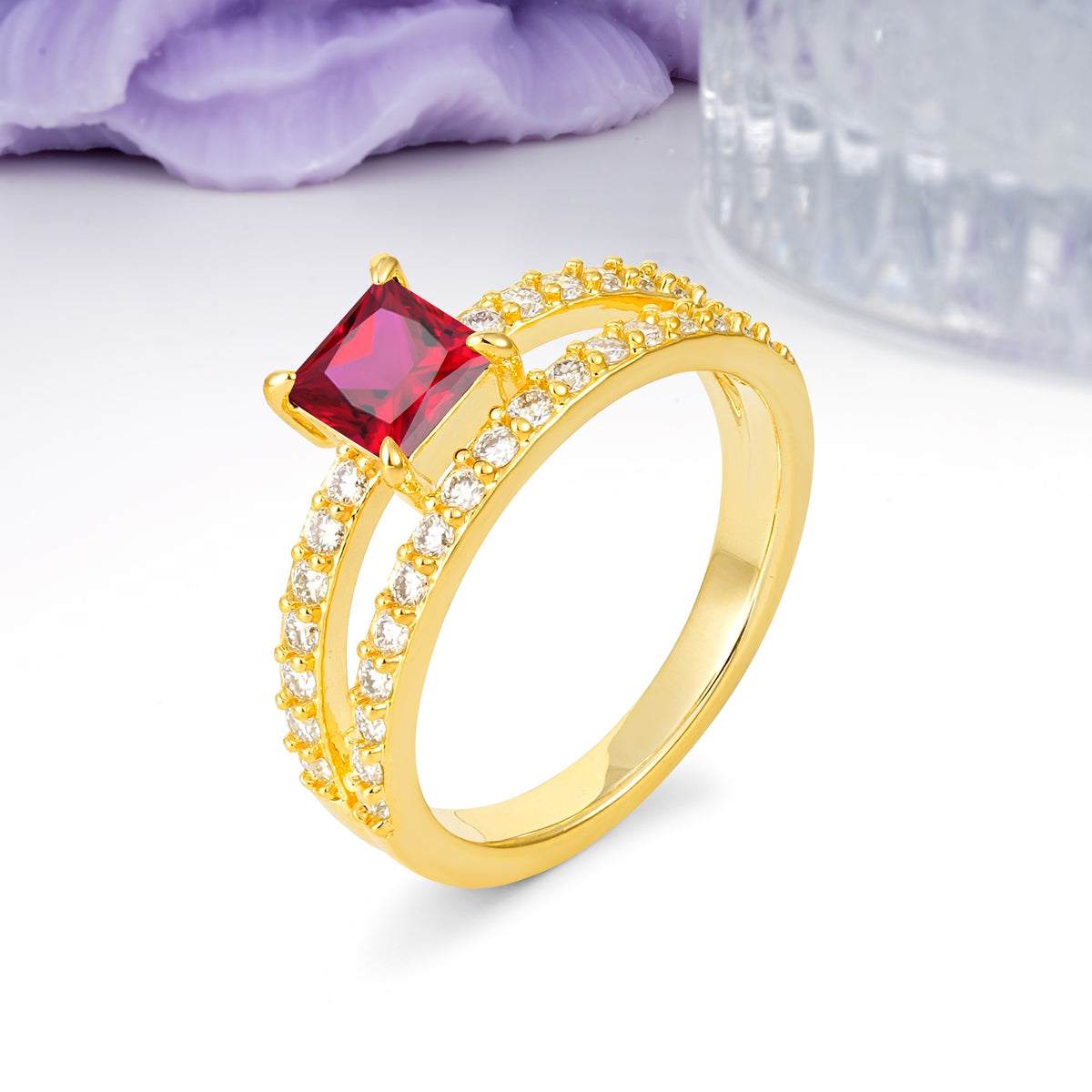 Luxurious Double-Row Diamond, Unique 4-Prong Princess Cut Ruby Engagement Ring - Additional view