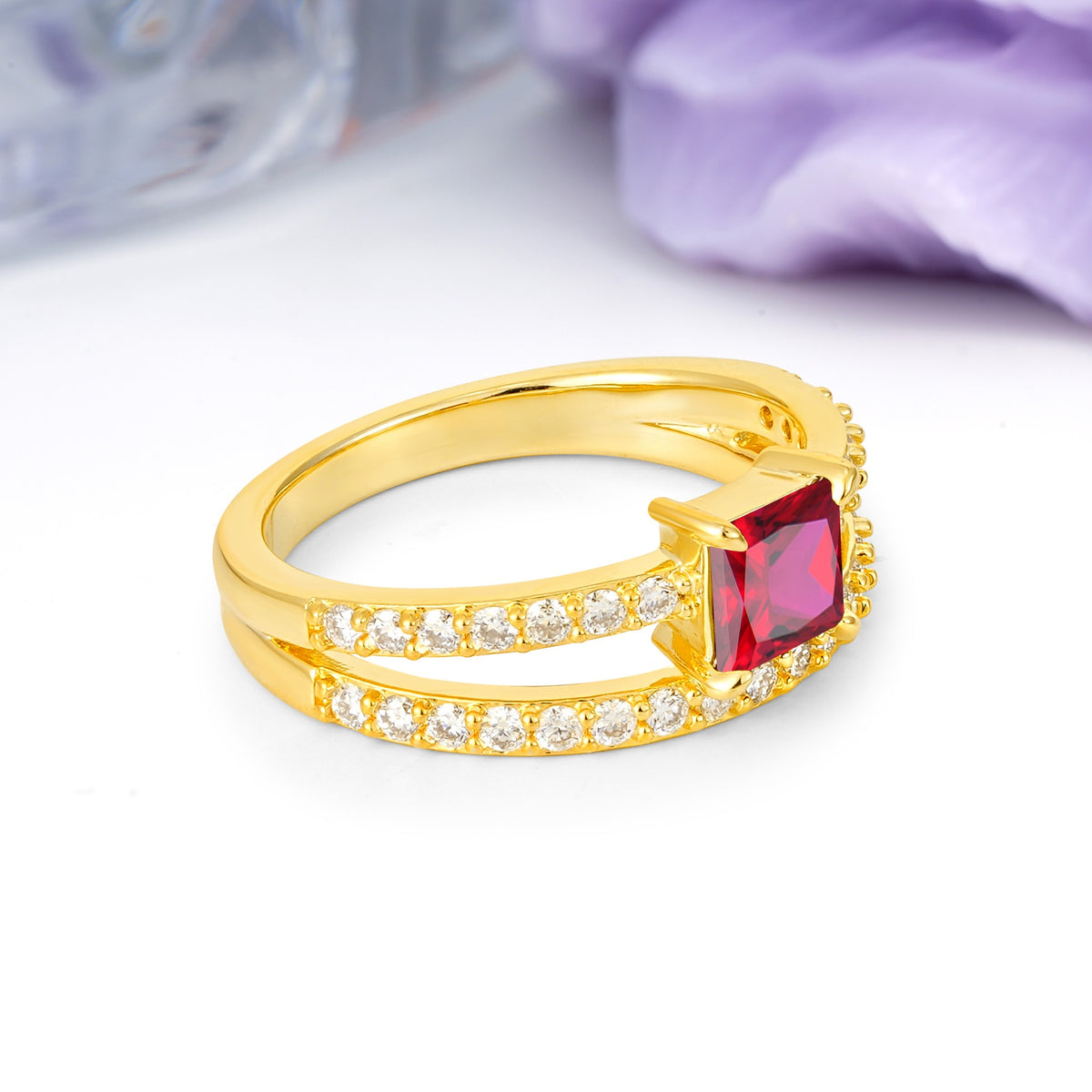Luxurious Double-Row Diamond, Unique 4-Prong Princess Cut Ruby Engagement Ring - Additional view