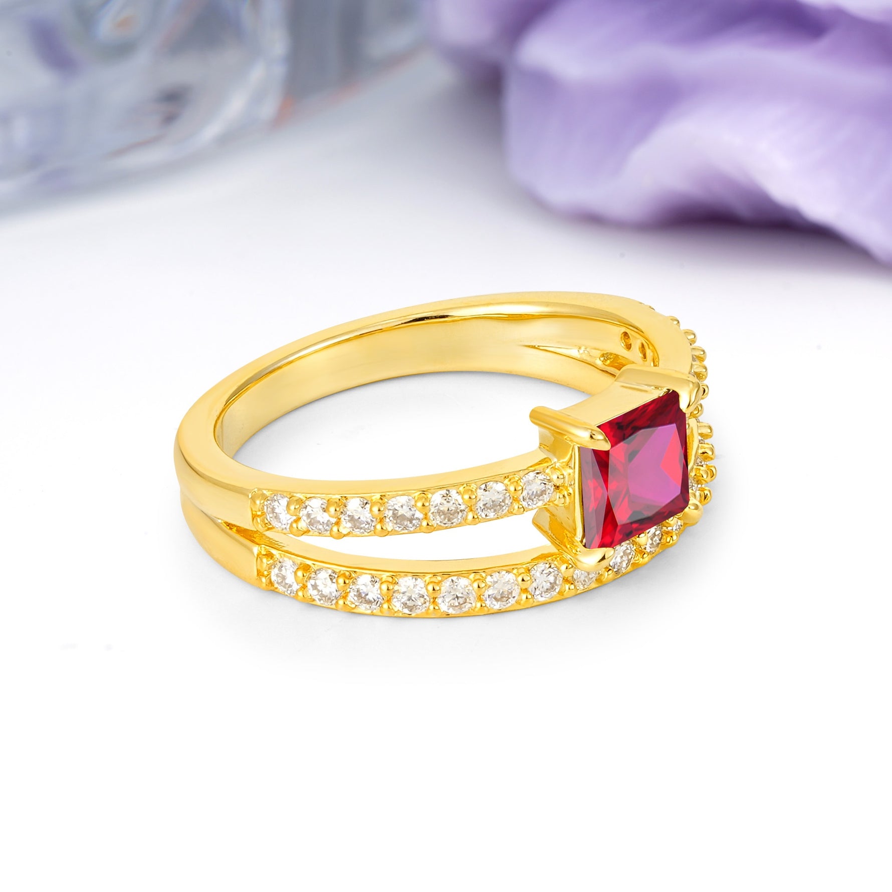 Luxurious Double-Row Diamond, Unique 4-Prong Princess Cut Ruby Engagement Ring - Additional view