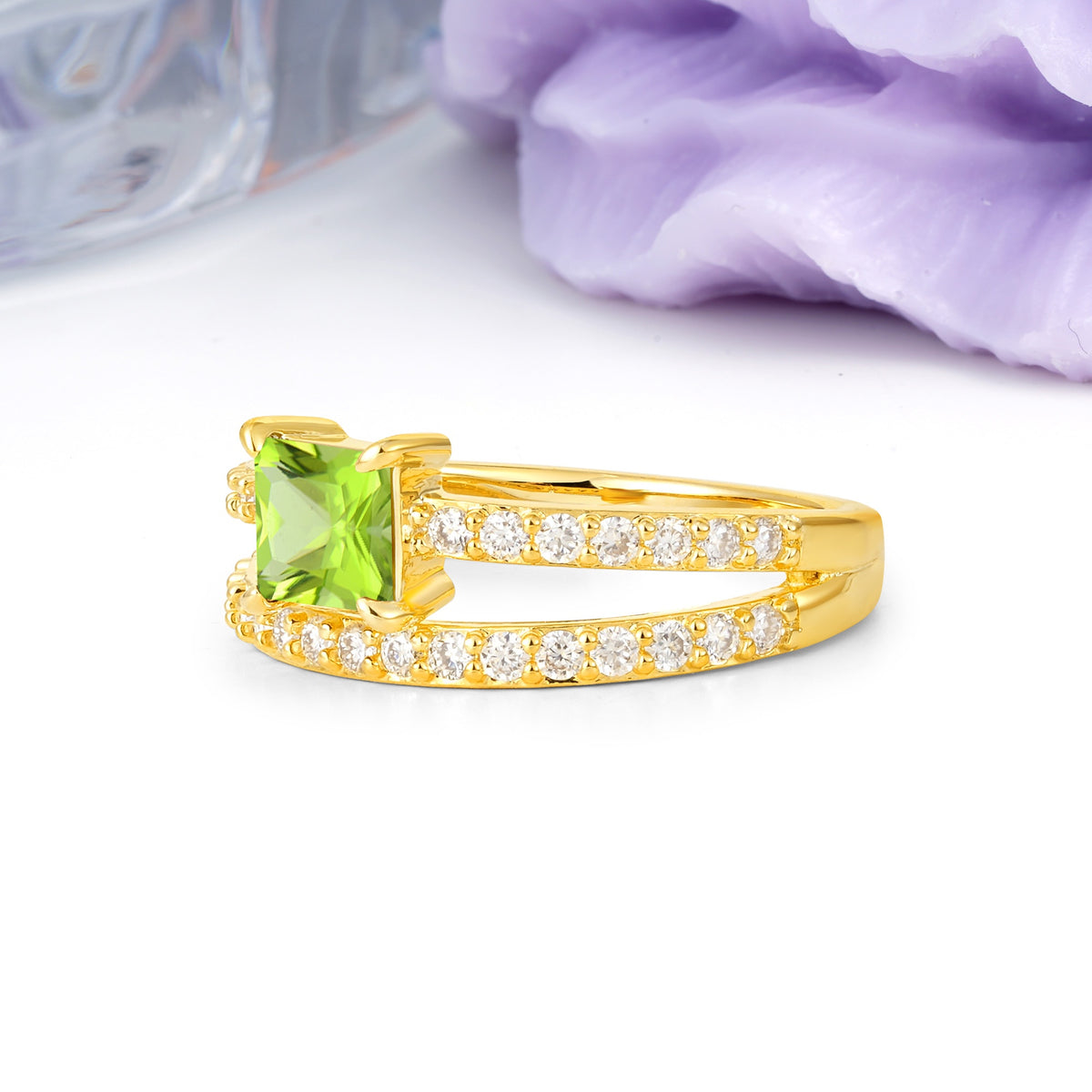 Luxurious Double-Row Diamond, Unique 4-Prong Princess Cut Peridot Engagement Ring - Additional view