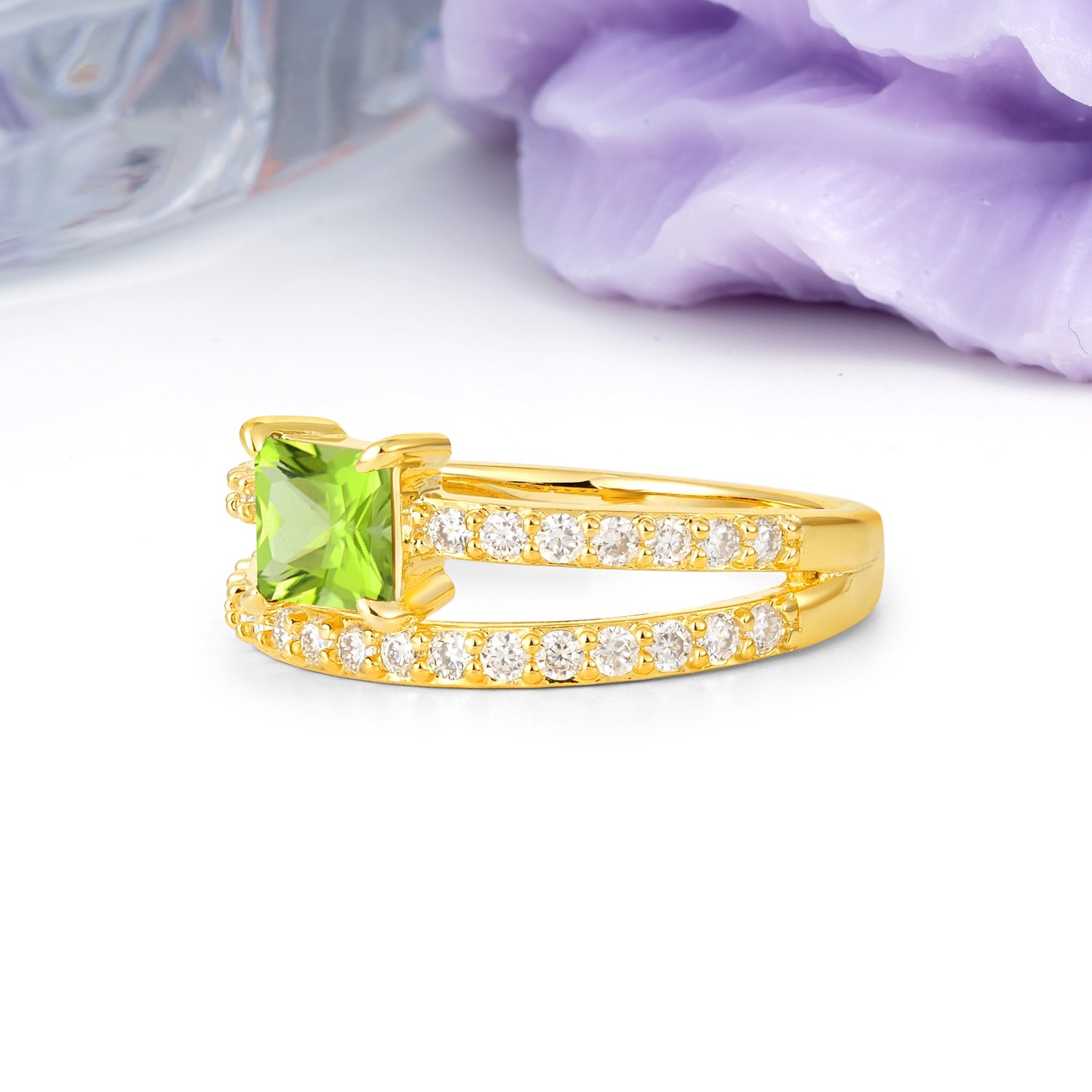 Luxurious Double-Row Diamond, Unique 4-Prong Princess Cut Peridot Engagement Ring - Additional view