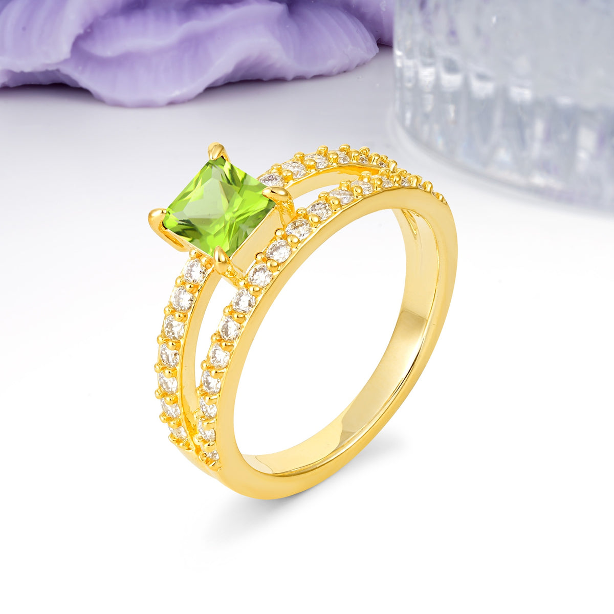 Luxurious Double-Row Diamond, Unique 4-Prong Princess Cut Peridot Engagement Ring - Additional view