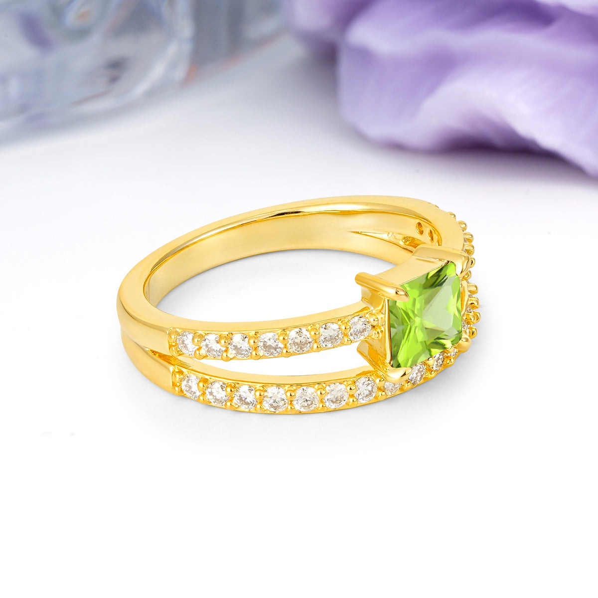 Luxurious Double-Row Diamond, Unique 4-Prong Princess Cut Peridot Engagement Ring - Additional view