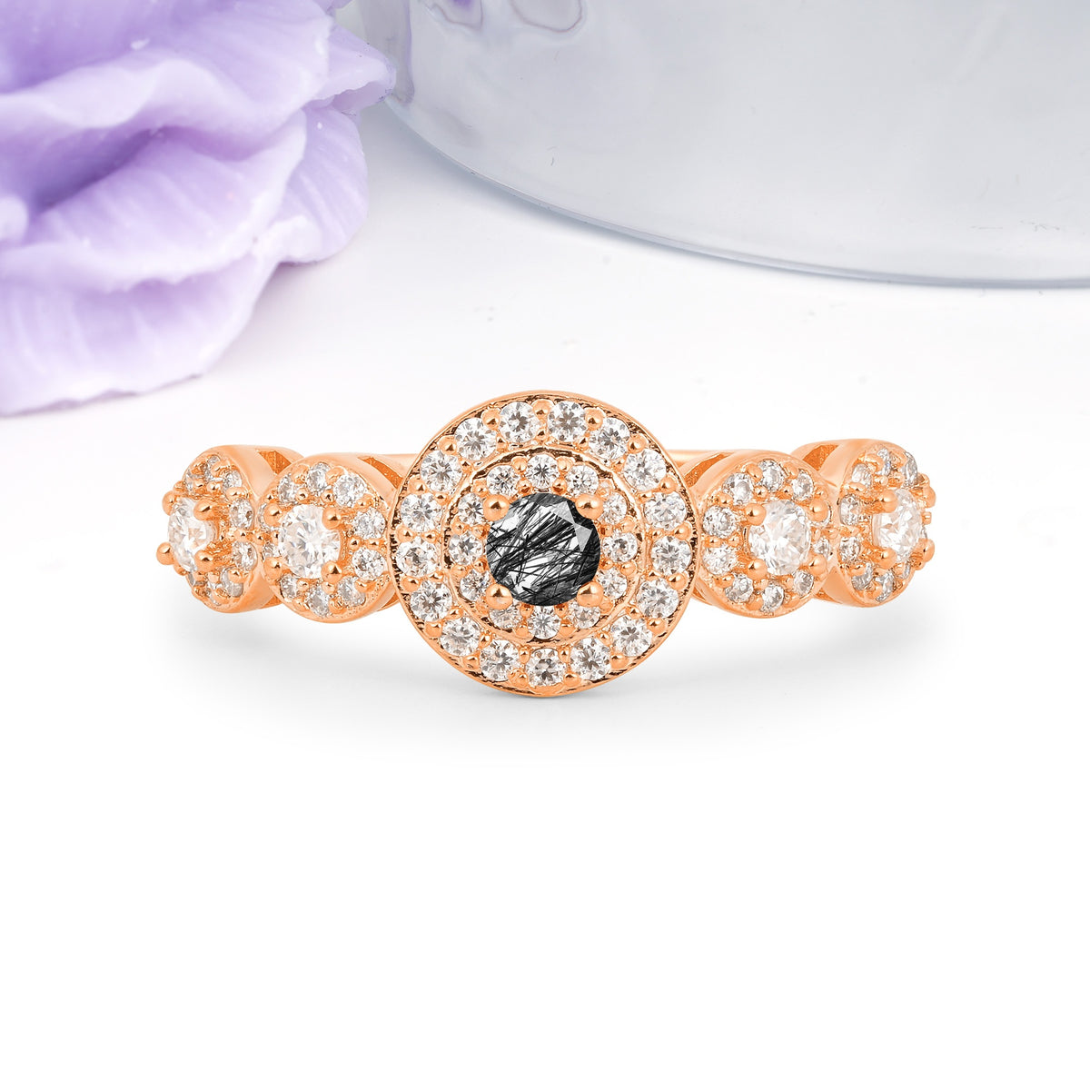 Luxurious Unique 4-Prong Round Cut Black Rutilated Quartz Engagement Ring - Additional view